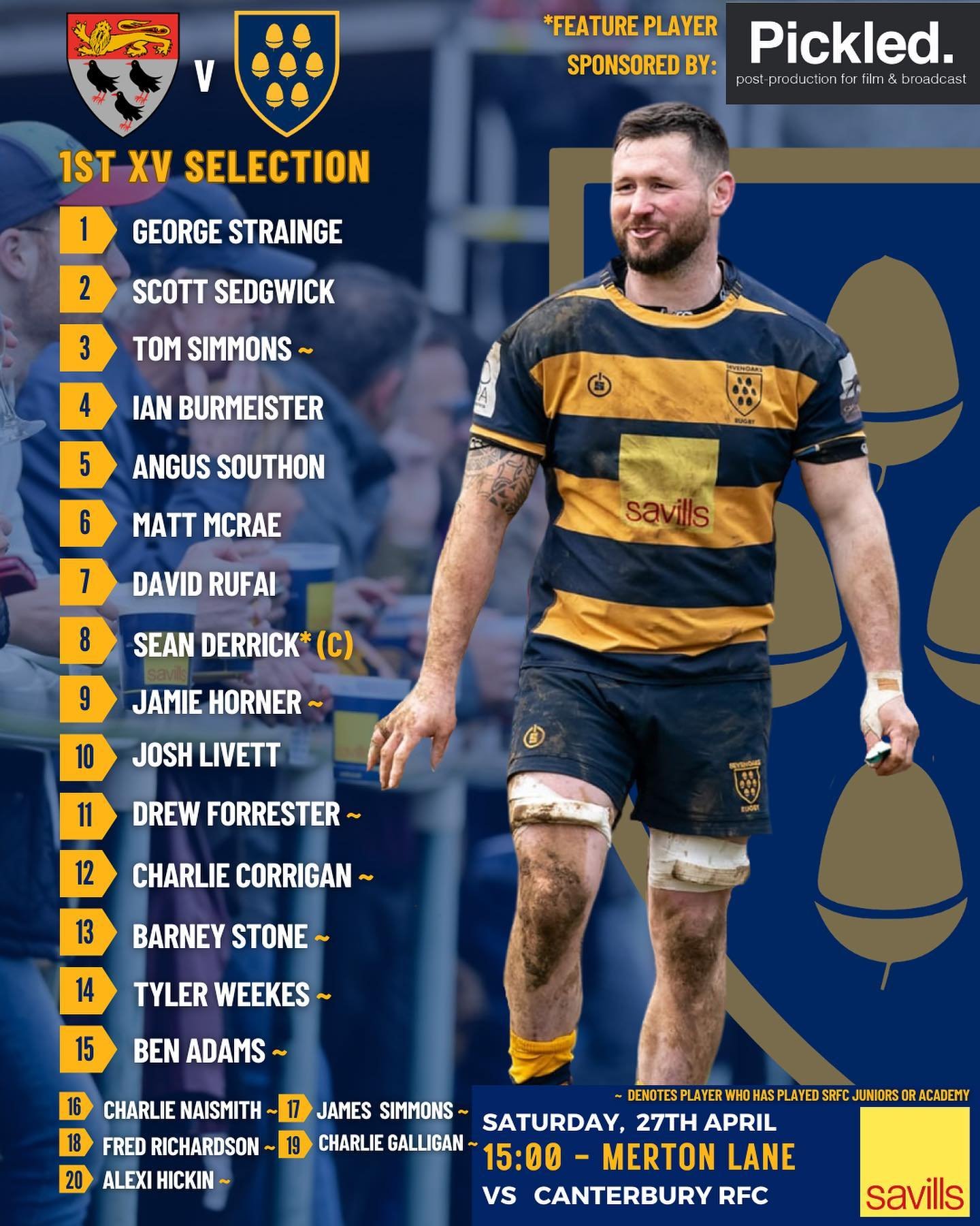 Teams are out! 🤩🔵🟡

The final 1st XV of the season will hit the road in search of a rare away win against Canterbury RFC! 💪🚌 It will also mark @seandezza &lsquo;s last run out as club captain after a hugely successful season 🙌👏. Go well boys!
