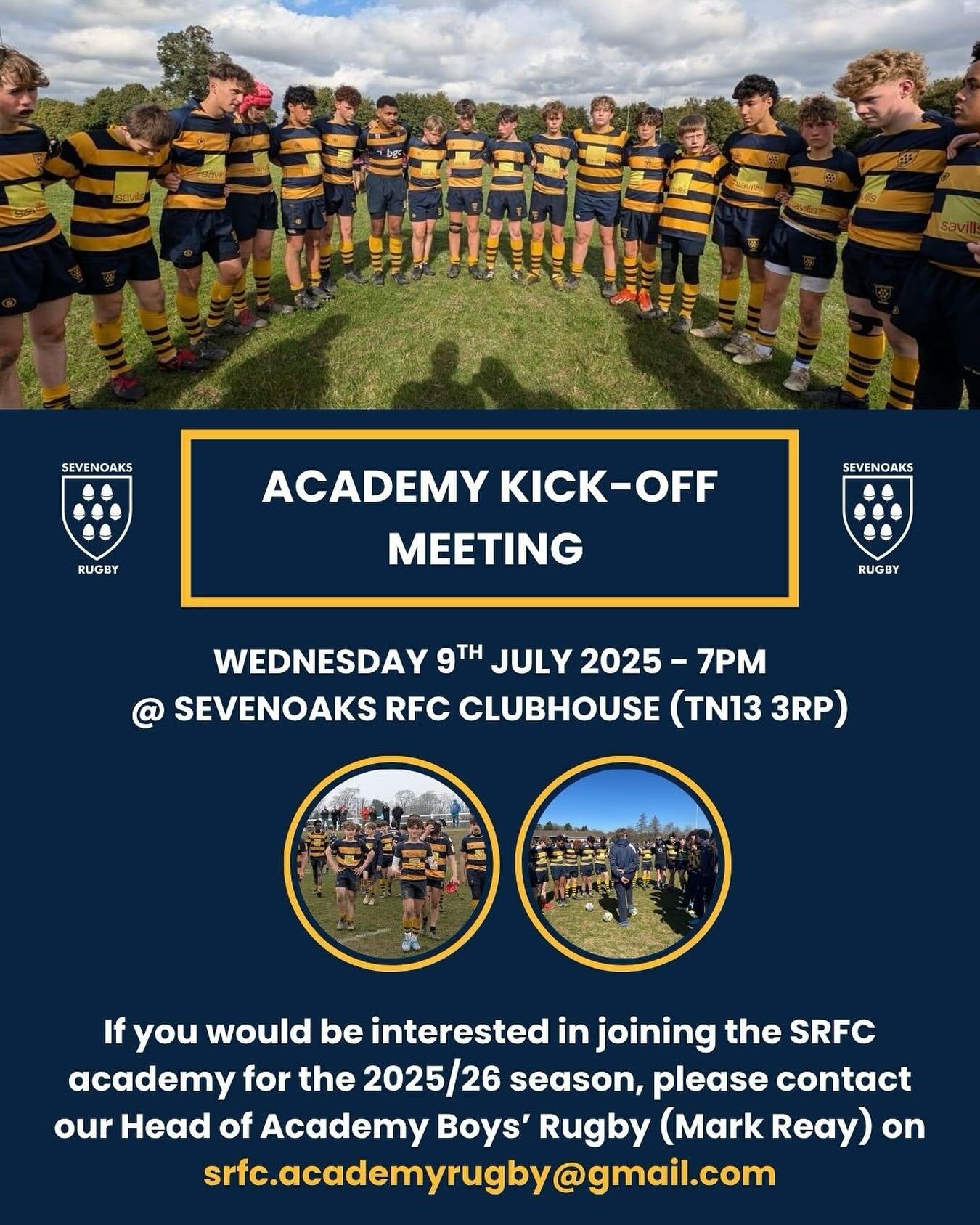 🚨Academy Kick-Off Meeting🚨

If you will be training as part of the SRFC academy for the 2025/26 season, don&rsquo;t forget to add the kick-off meeting to your diary!&nbsp;🤩

🗓️Date: Wednesday 9th July&nbsp;
⏰Time: 7pm onwards
📍Location: Sevenoak