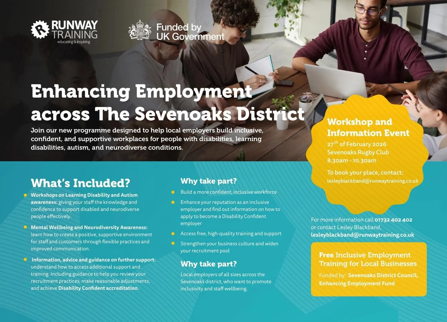 We are hosting a free workshop on 27th February 2026 in The Clubhouse, titled &ldquo;Enhancing Employment Across the Sevenoaks District&rdquo;. The session is delivered by Runway Training and will focus on learning disability, autism, neurodiversity 
