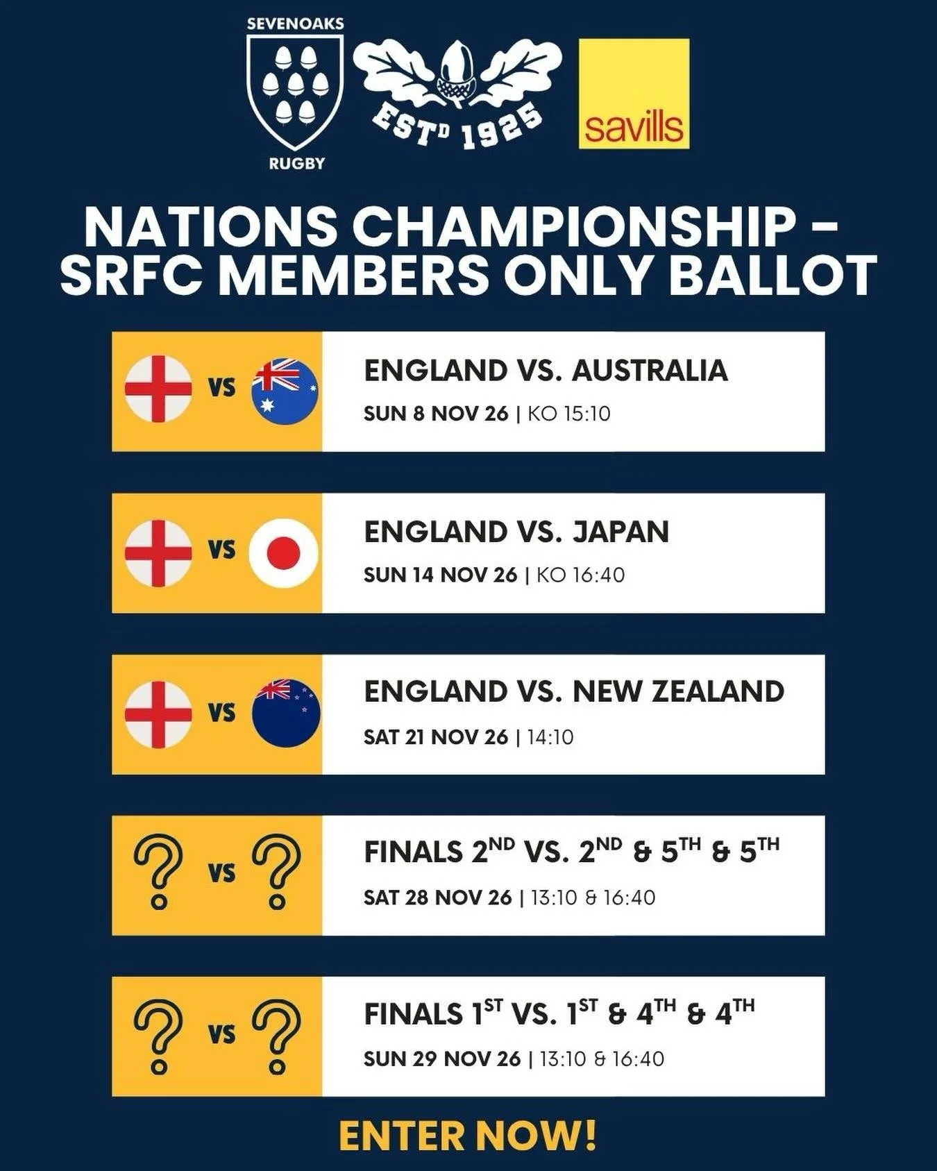 We are pleased to confirm we have received our full allocation of tickets for this year&rsquo;s Nations Championships. The members-only ticket ballot is now open for members of Sevenoaks Rugby Football Club to enter💙💛

Tickets can only be purchased