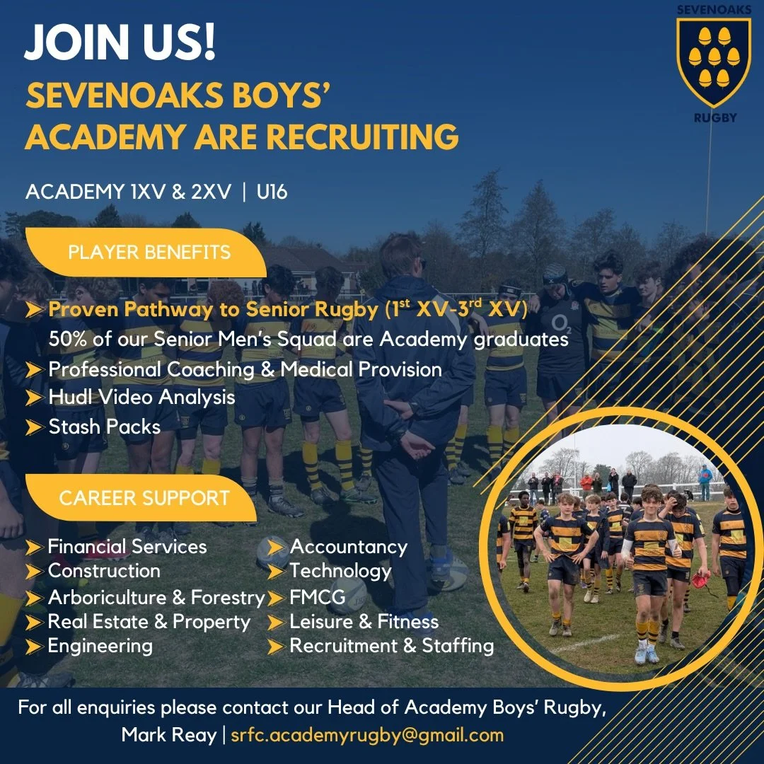 JOIN SEVENOAKS RFC &ndash; ACADEMY BOYS&rsquo; RECRUITMENT

We&rsquo;re recruiting U16&ndash;U18 players to join our growing Academy programme.

💥PROVEN PATHWAY💥
50% of our Senior Men&rsquo;s Squad are Academy graduates
Train. Develop. Step into Se