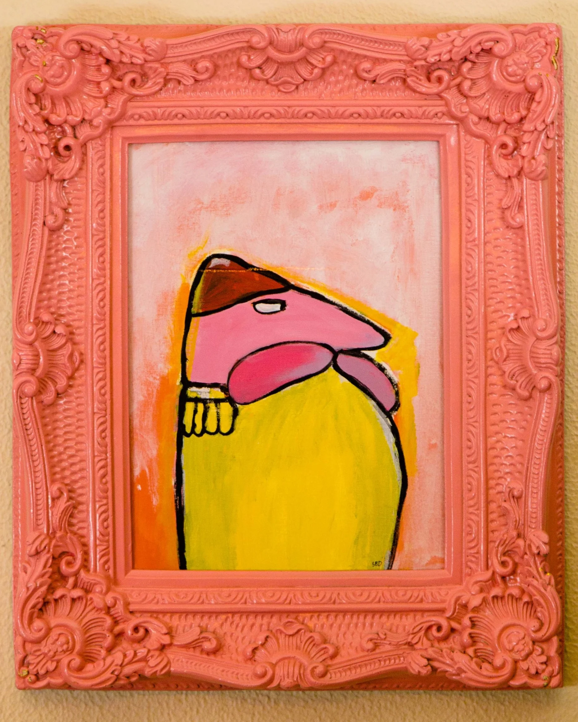   Not feeling chirpy today,  Acrylic on canvas, fibreglass frame, 19” x 23”, 2017 