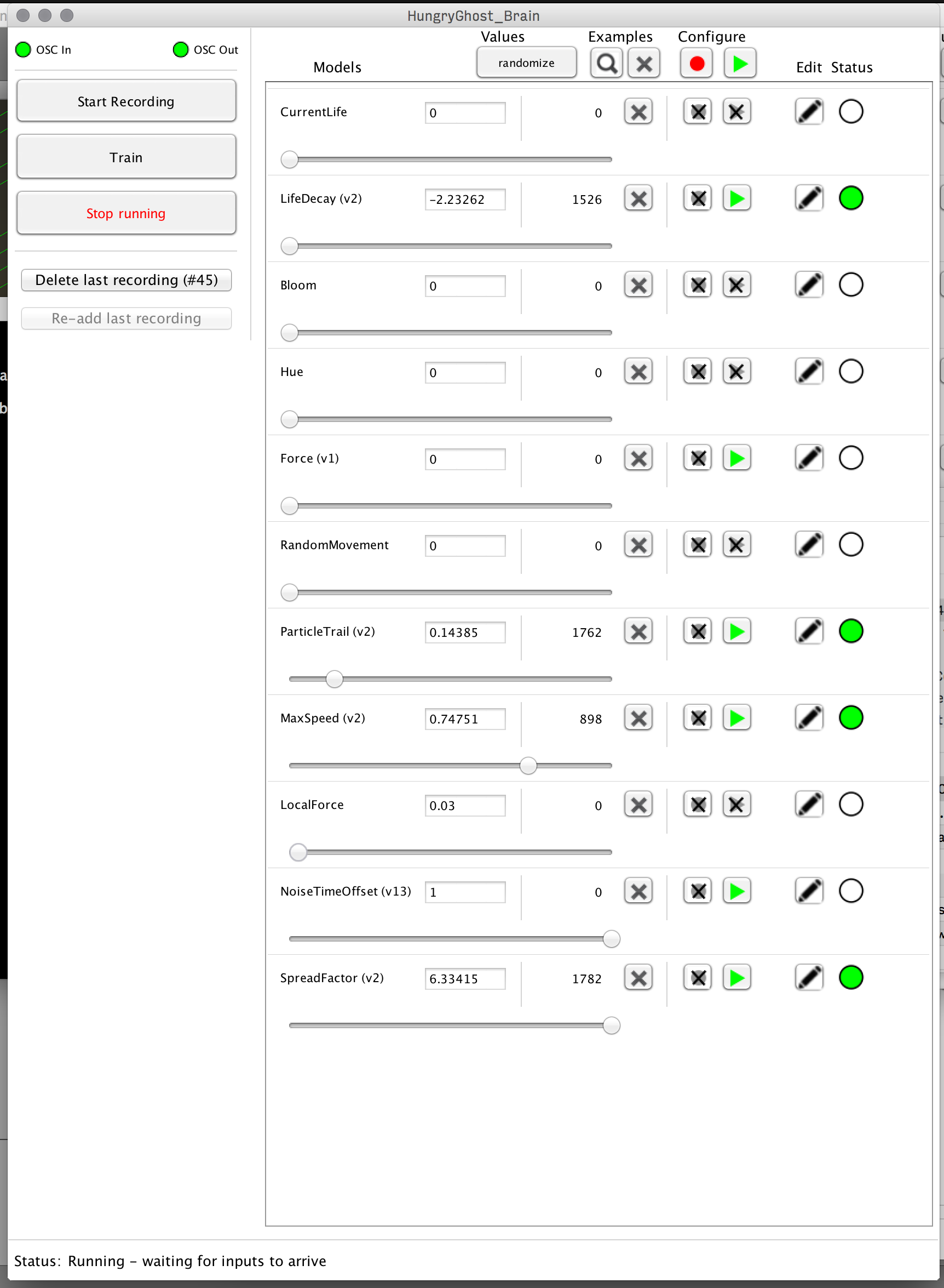 Detail of one of the Wekinator neural networks, with each of the available parameters that the network could control.