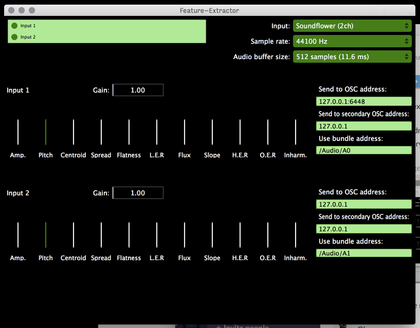 A sreenshot of the audio feature extractor, written by Sean Soraghan using the JUCE framework, which analysed the audio input in real time from each of the microphones and sent it via OSC to each of the neural networks.