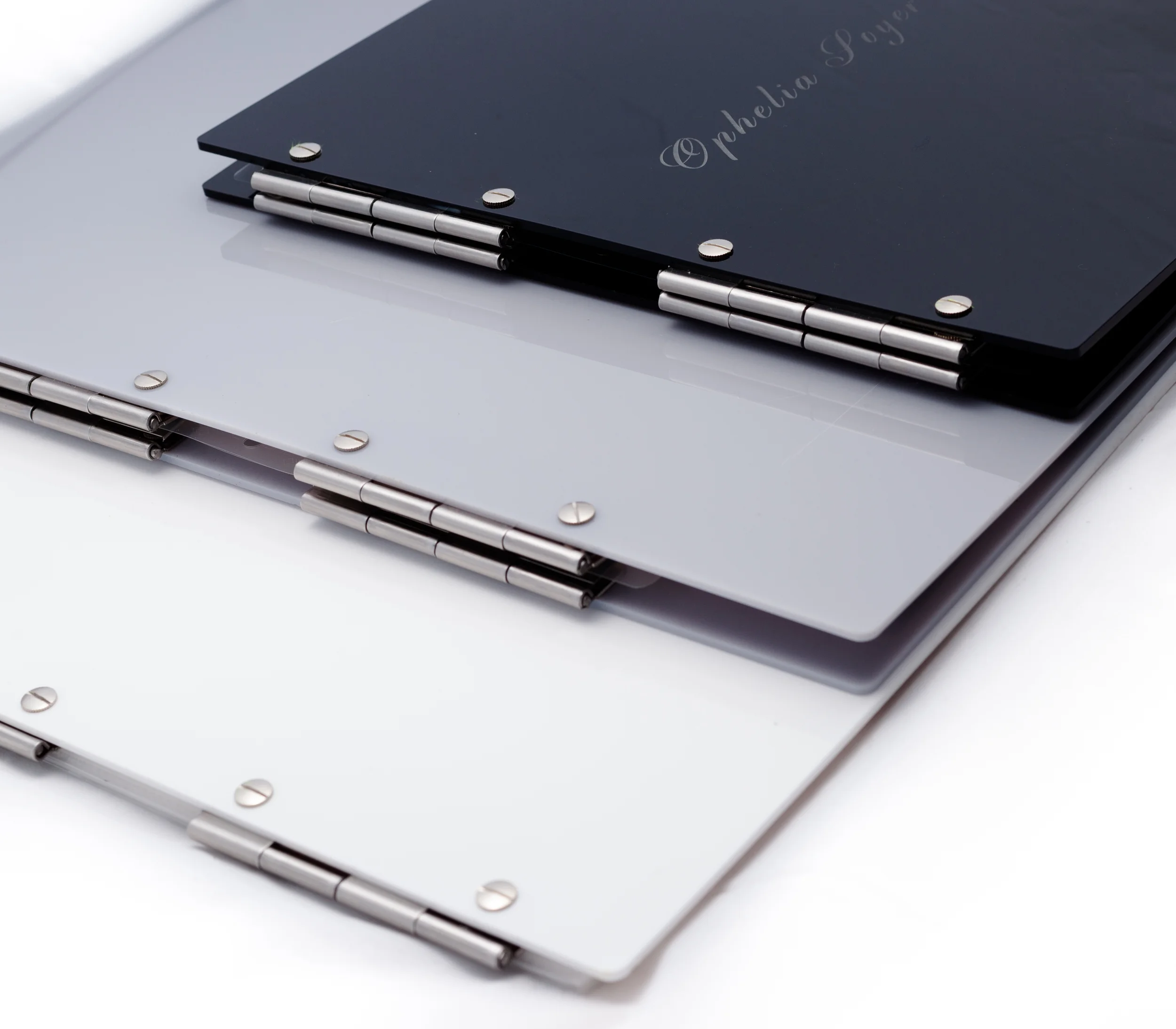 acrylic perspex display portfolios in A4 and A3 landscape with name and logo customisation