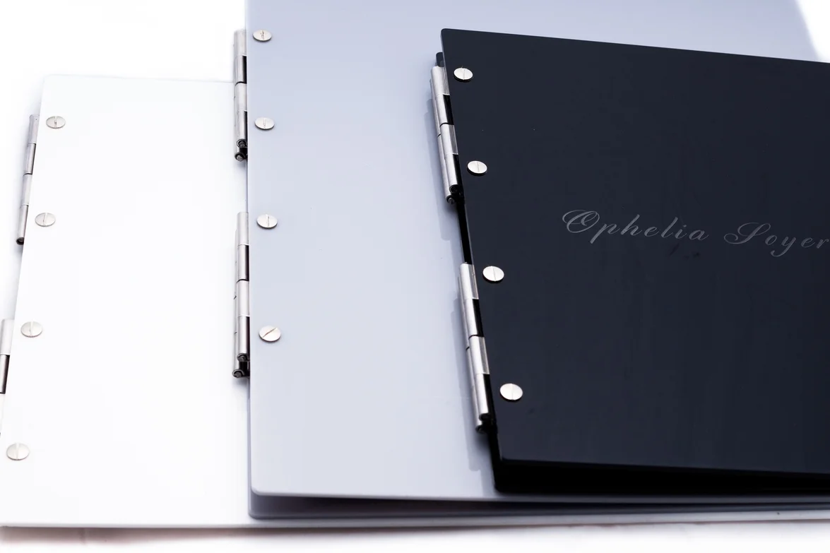 bespoke personalised acrylic perspex presentation portfolios in grey, black and white