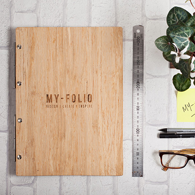 bamboo wood A4 portrait portfolio with name and logo engraving personalisation