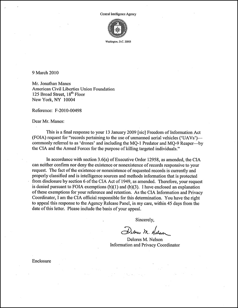 Letter from the CIA to the ACLU, 9 March 2010