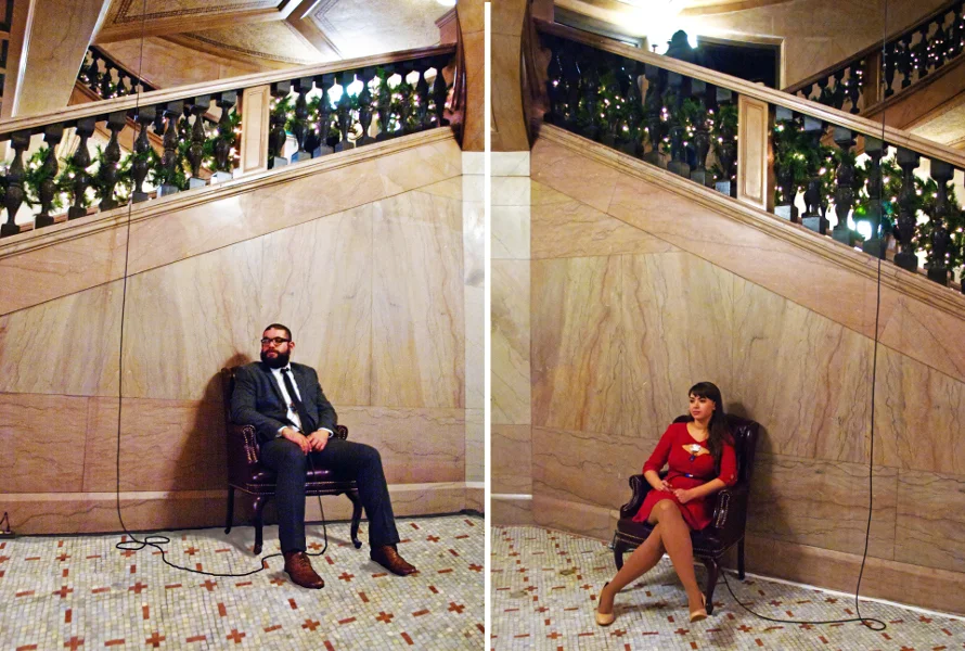 Circulatory 0:46 h, digital stethoscopes, audio amplifier, 2012. installation view: Chicago Cultural Center, Chicago IL With the help of digital stethoscopes, Jesus Mejia & Ruth mic'd the chest, amplifying each heart muscle through the Chicago Cultural Center's North stairwell. For nearly an hour, Jesus Mejia & Ruth expanded the faint sound of two heart beats to span a vast architectural space.