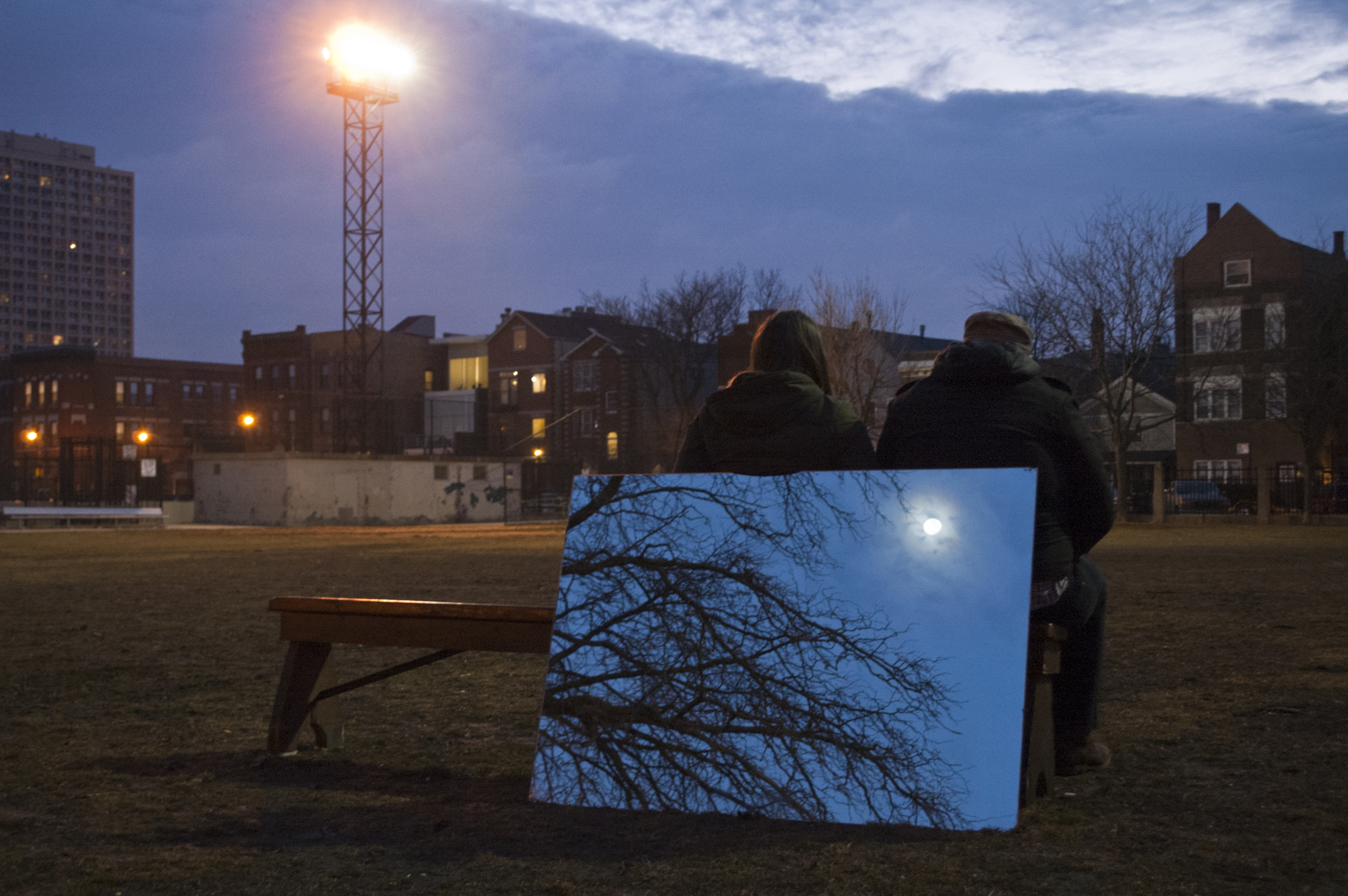 Acts upon us, reprise 2:46 hr, mirror, wooden bench, 2012. installation view: 24th Festival of Art in Alternative & Itinerant Spaces, Chicago IL Photography by Josh Korby more info: Acts upon us