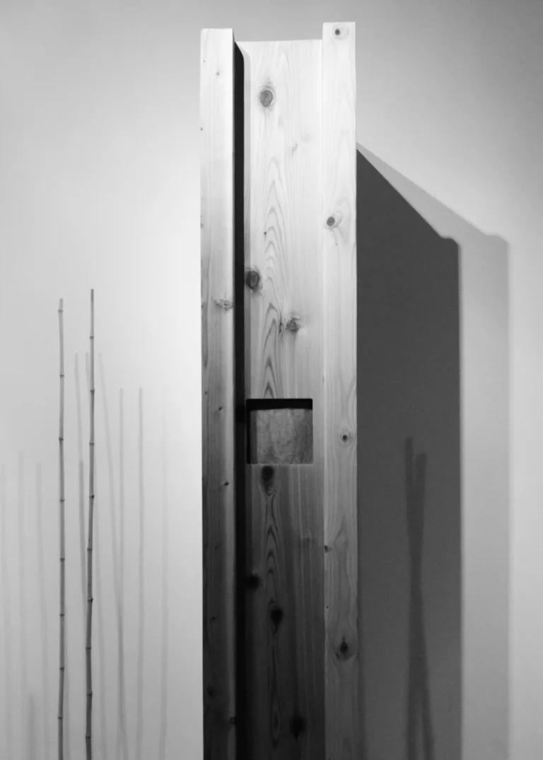 Circulatory 96" x 17" x 24", cedar, drywall, audio amplification, steel screen, 2014. installation view: I Am Logan Square Gallery, Chicago IL Photography by Jessica Pierotti Each cedar column contains the captured audio of the artists' heartbeats in this residual piece of Circulatory , 2012 at the Chicago Cultural Center. Installed amongst Austin Knierim 's Linear Hierarchy of the Hippocampus : a bamboo grove springing from the hardwood floors of the gallery, visitors experience the heart resonating from the pillars. Pinard stethoscopes, metal cones used by physicians and midwives to listen to heart rhythms, were also available, enabling visitors to listen to each others' pulse.