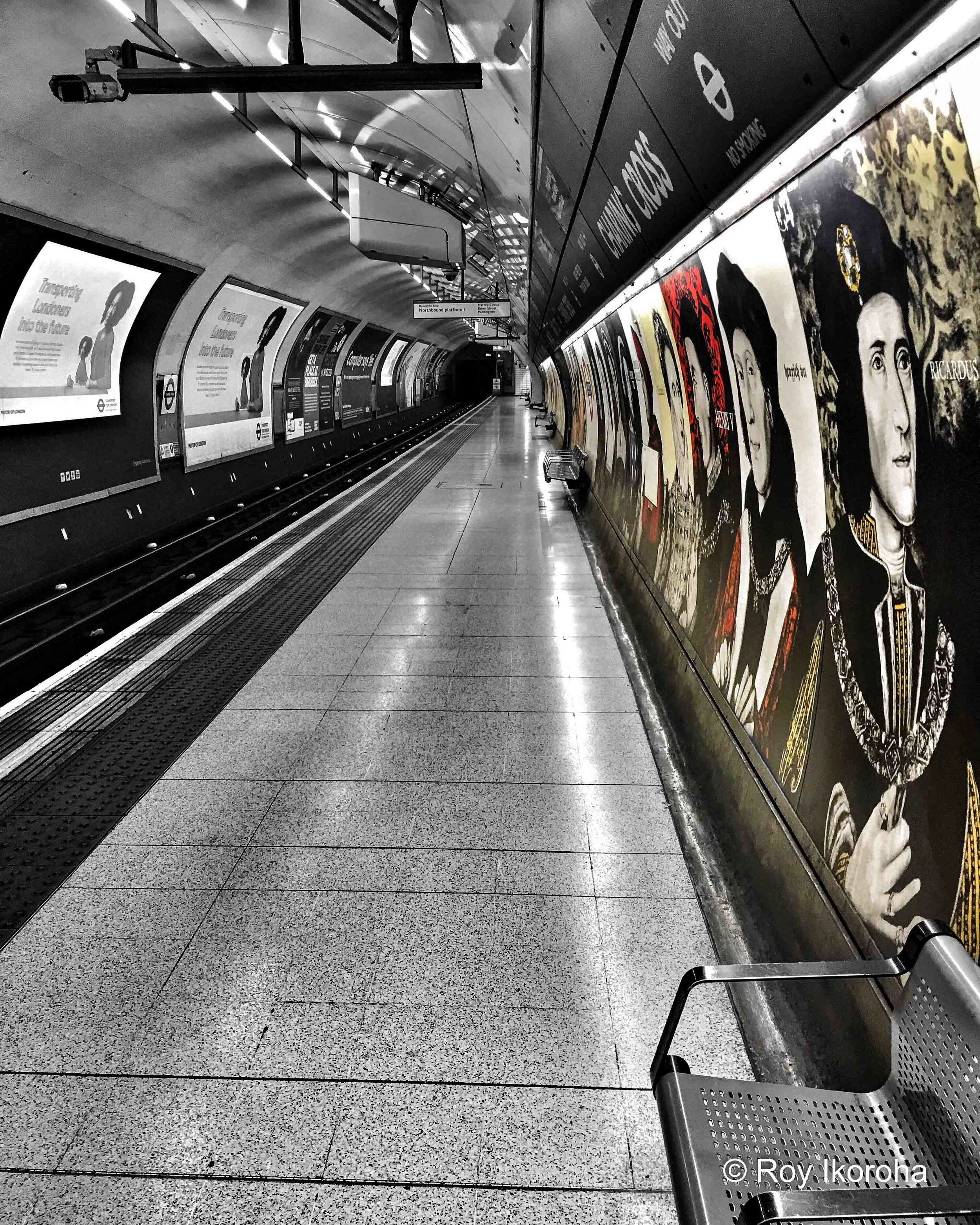 Along the platform at Charing Cross tube station, London
