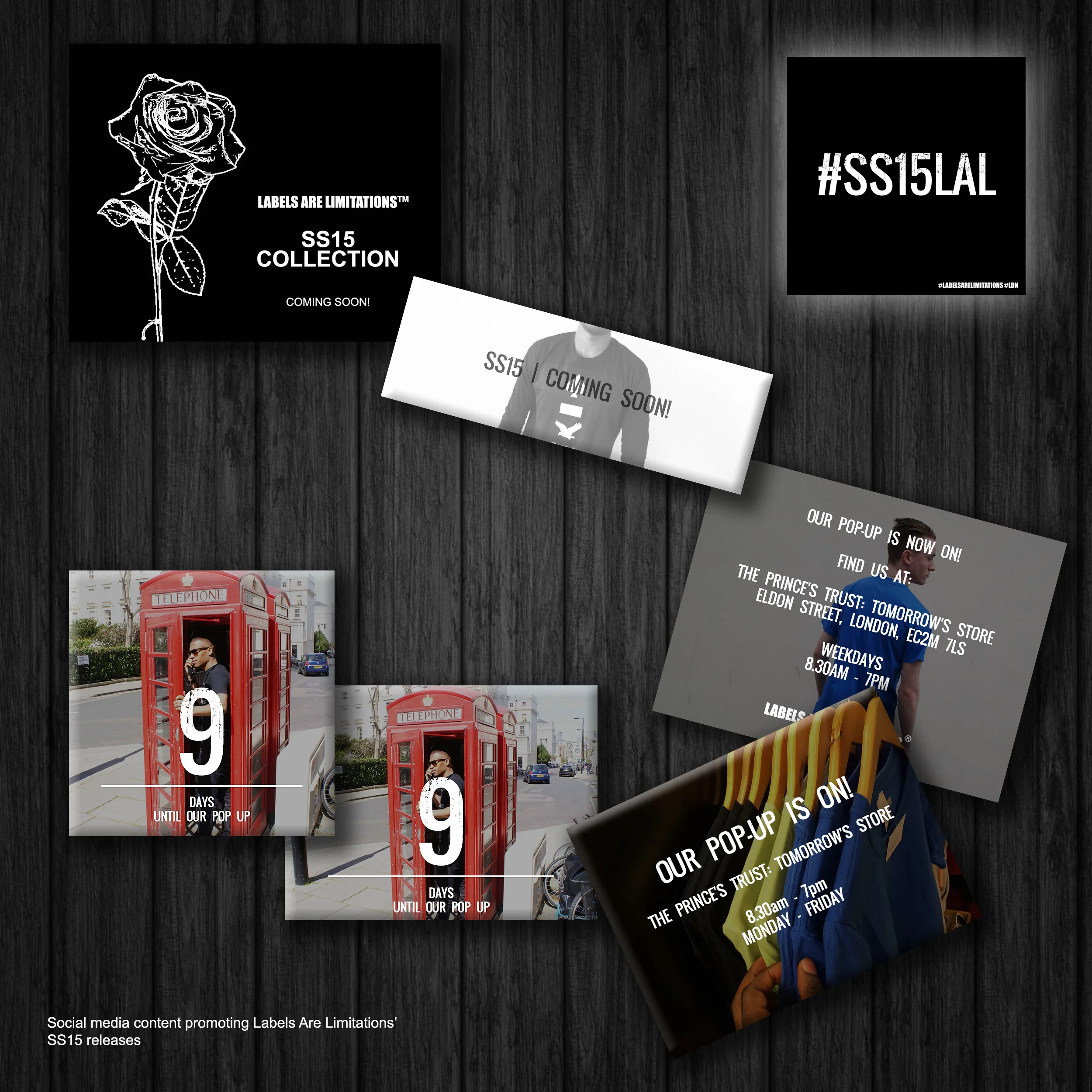 Key social media content promoting the brand's SS15 release and pop-up event near Liverpool Street Station, London