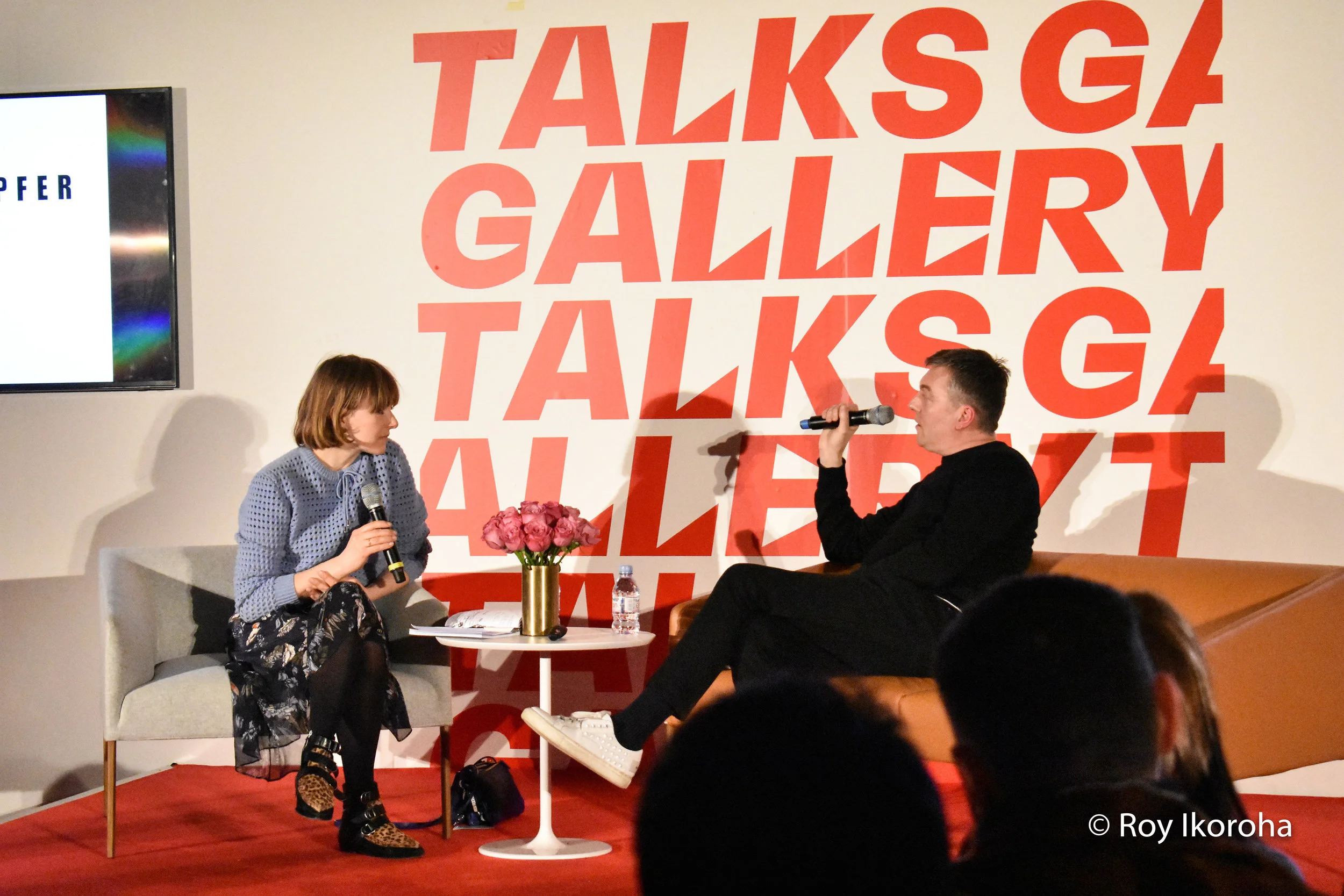 Markus Lupfer (right) at London Fashion Week Festival talking about the inception of his label