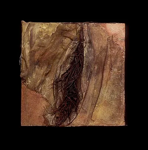 Untitled String, 12 x 12 in., cloth, string, acrylic on canvas