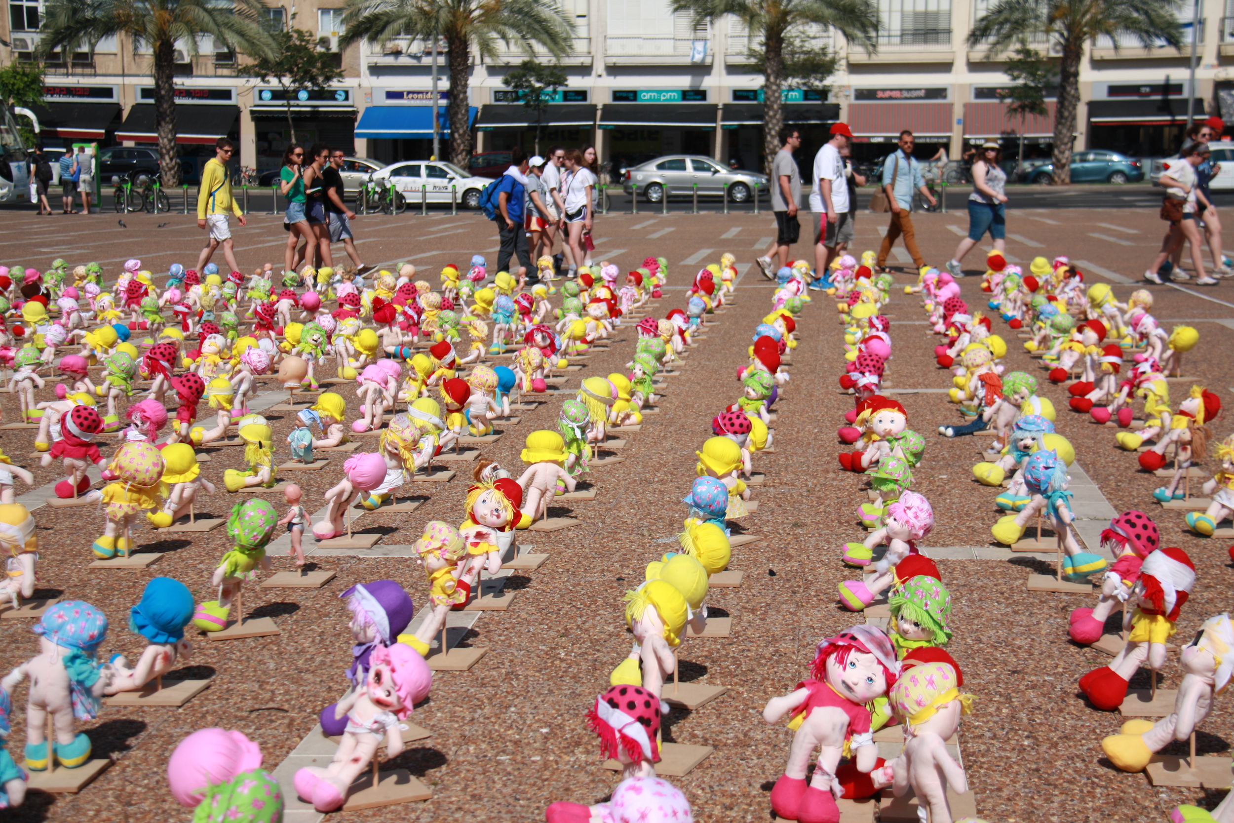 Conceptual art display in the center of Tel Aviv to increase awareness of child abuse.