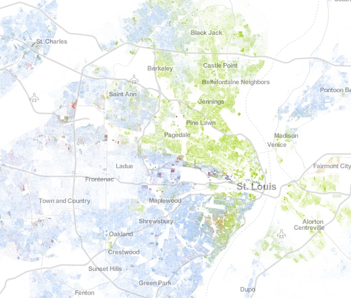 Source: The Racial Dot Map . Based on 2010 Census data, a blue dot indicates 1 white resident and a green dot indicates 1 black resident. 