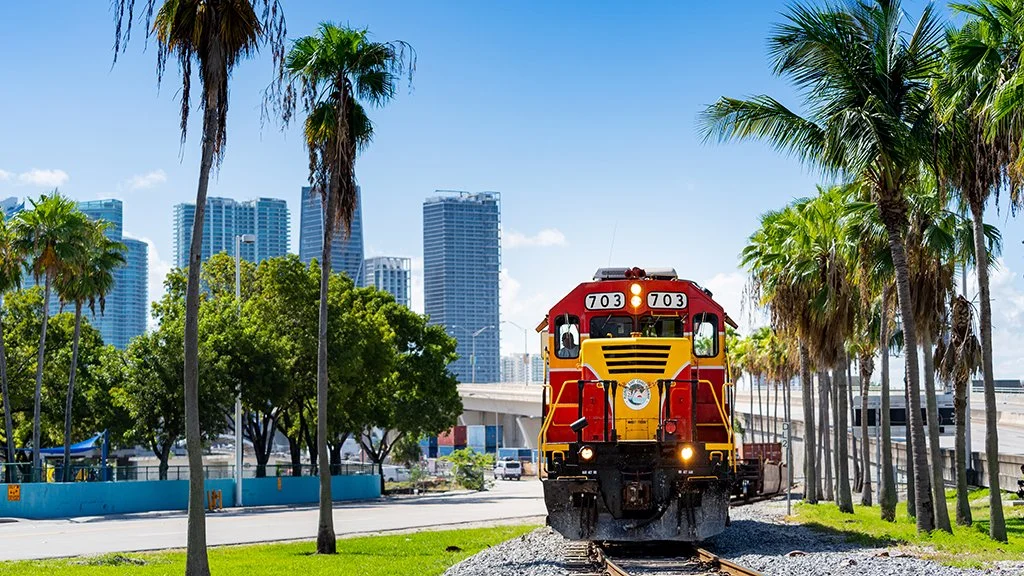 Florida East Coast Railway train entering downtown Miami on elevated tracks surrounded by palm trees and city skyline