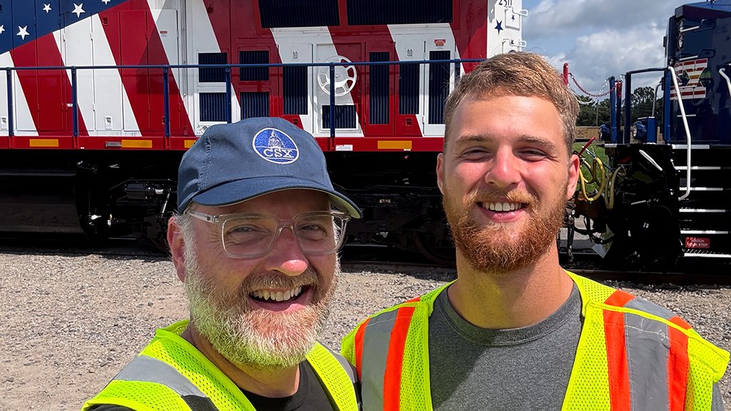 Michael LeGrand and his son Avery LeGrand at CSX Rice Yard before beginning the America 250 Executive Train production.