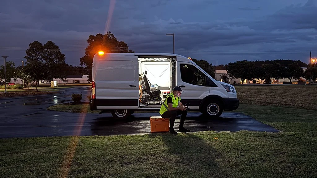 Production van serving as a mobile base camp before the final evening drone flight in Pembroke, North Carolina.
