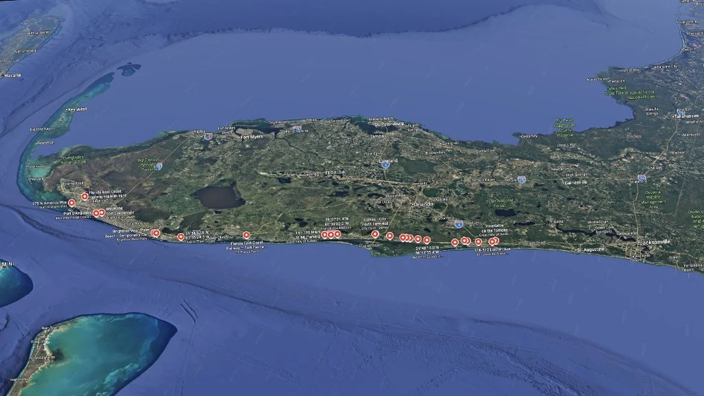 Map of Florida showing the Florida East Coast Railway route from Jacksonville to Miami with multiple marked photo and video shoot locations