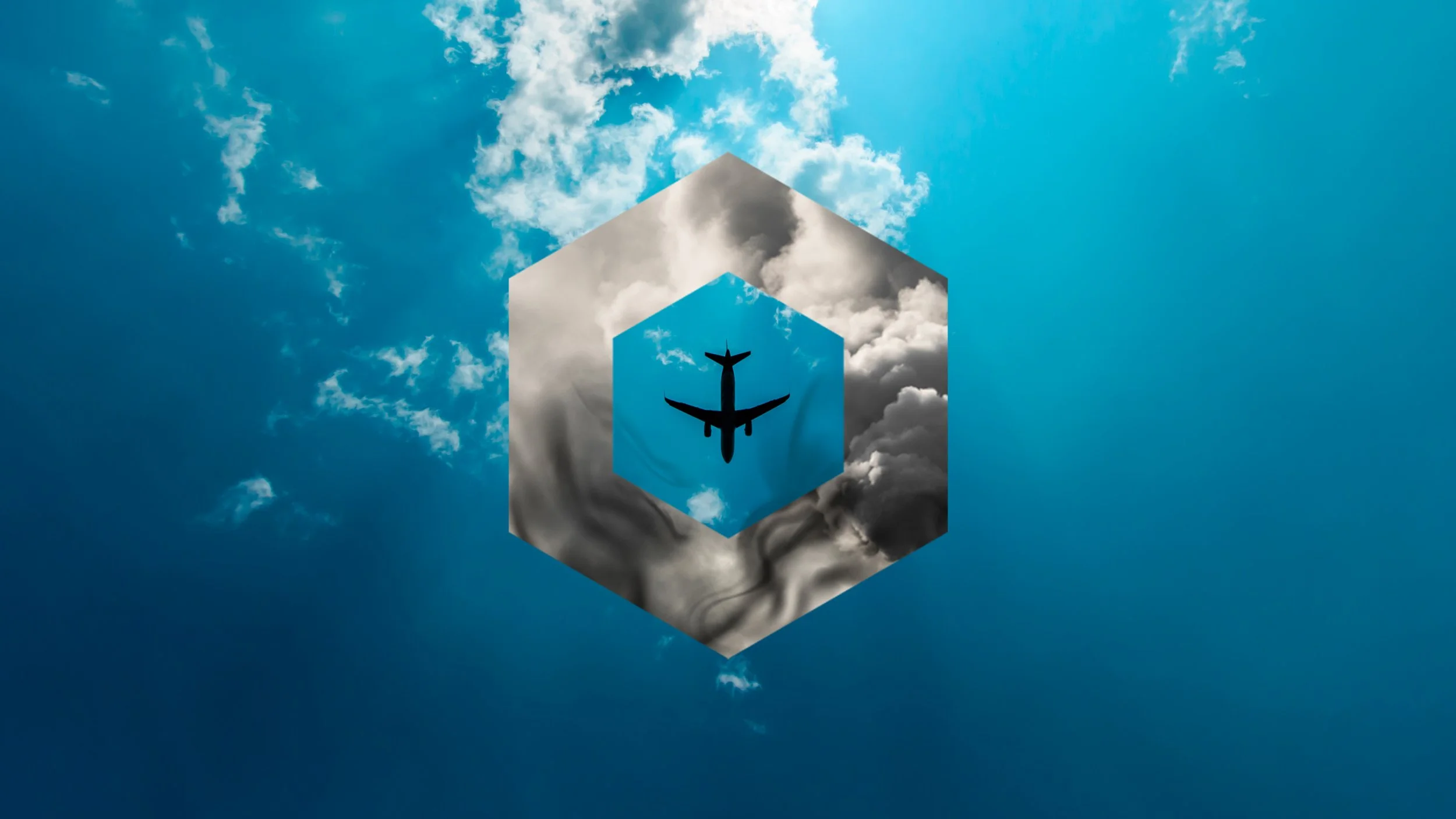 An airplane flying through a cloudy sky, with its silhouette visible within a geometric shape overlaying the sky.