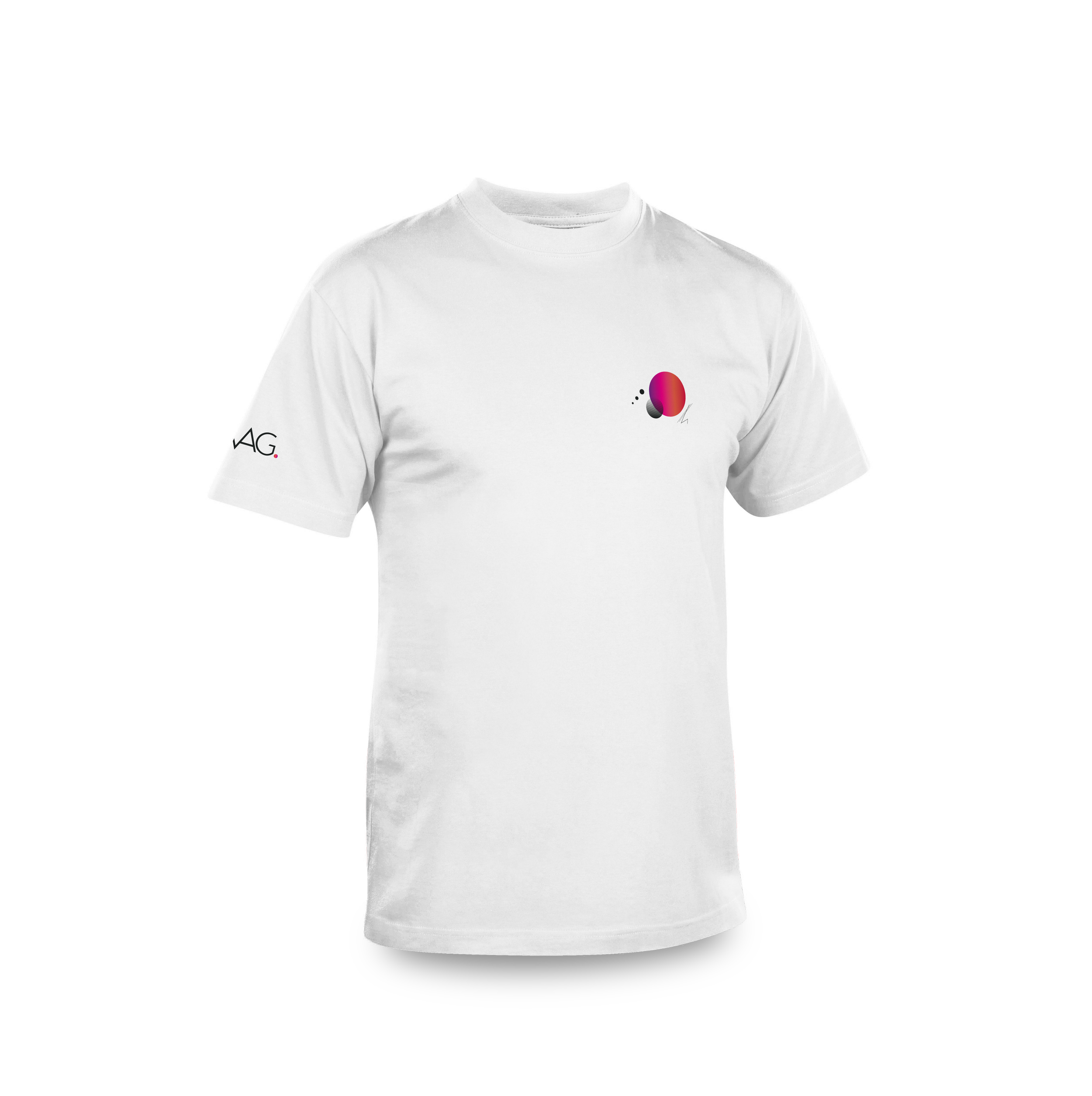 White T-shirt with a colorful abstract design on the front and text on the sleeve.