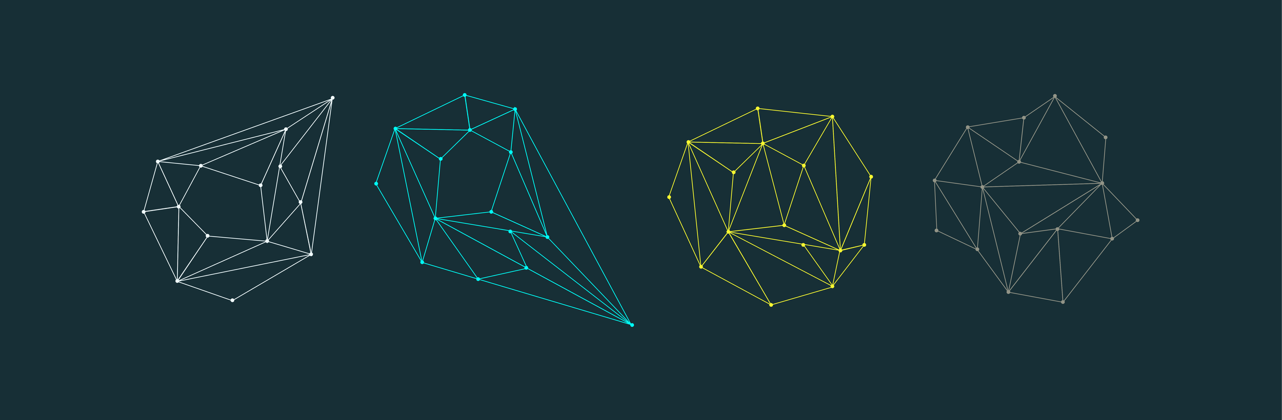 Digital illustration of various geometric shapes and wireframes on a dark background.