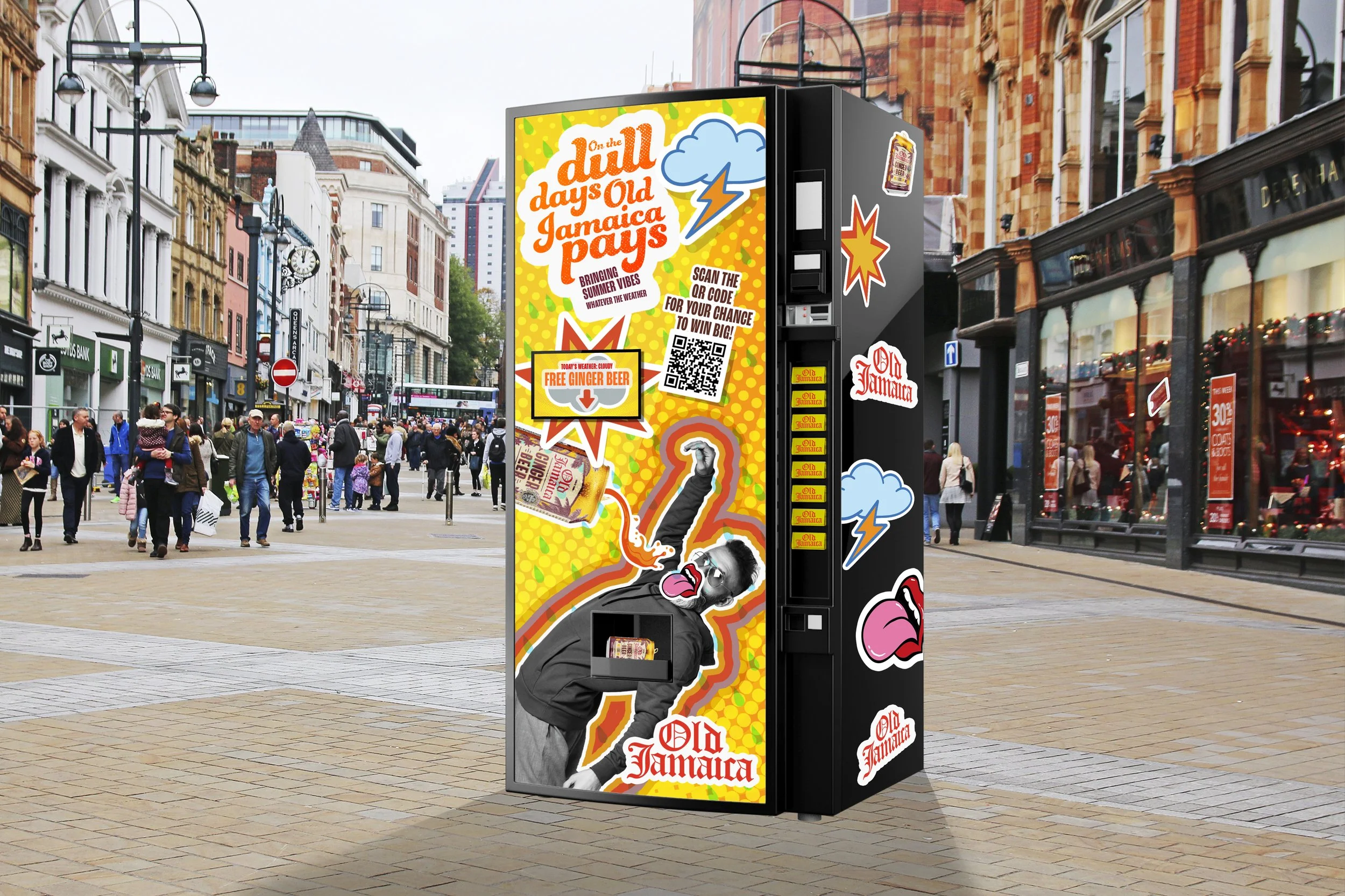 A vending machine on a busy city street with colorful pop art-style stickers including children, rain clouds, lightning, and text promoting Old Jamaica beer and free ginger beer, surrounded by pedestrians and buildings.