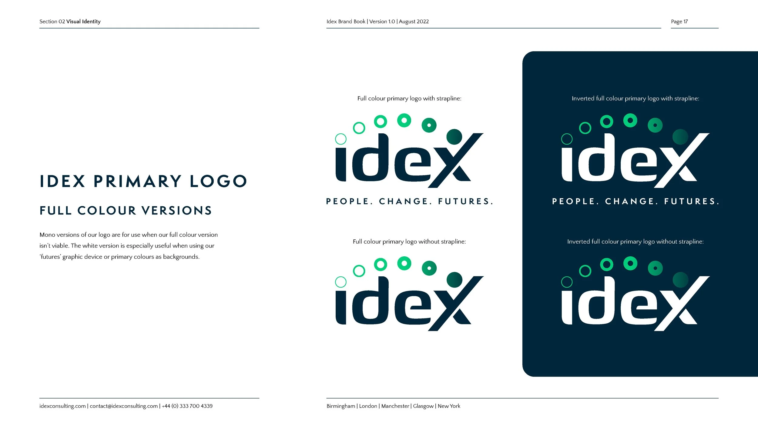 Page from a brand book showing the IDEX logo in full color and inverted versions, with labels and descriptions of the logo styles and color options.