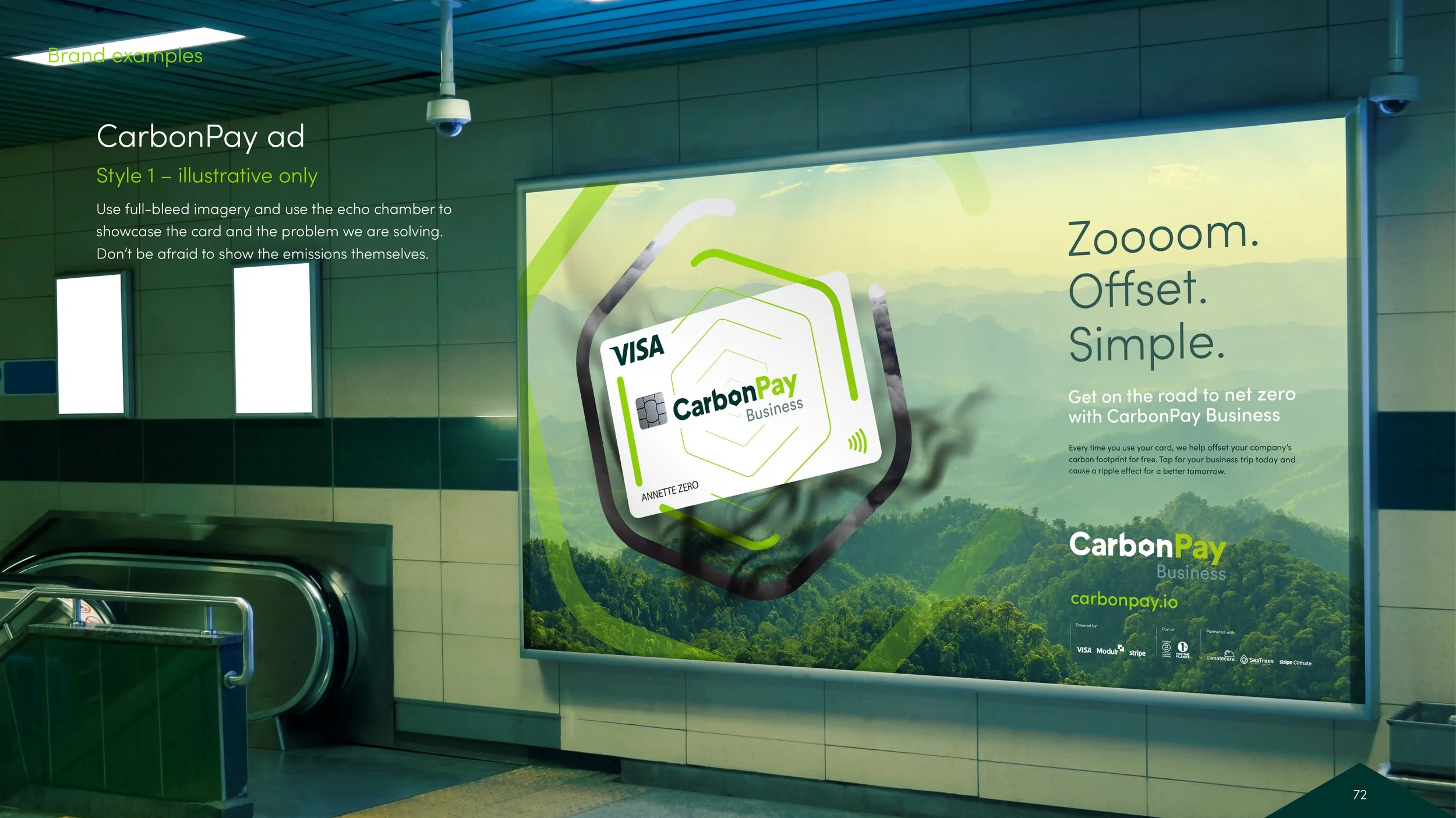 Advertisement for CarbonPay Business on a large digital screen in an indoor setting, with a green nature background and a graphic of a VISA card. The ad includes text promoting the service as simple and eco-friendly, and features logos of payment par