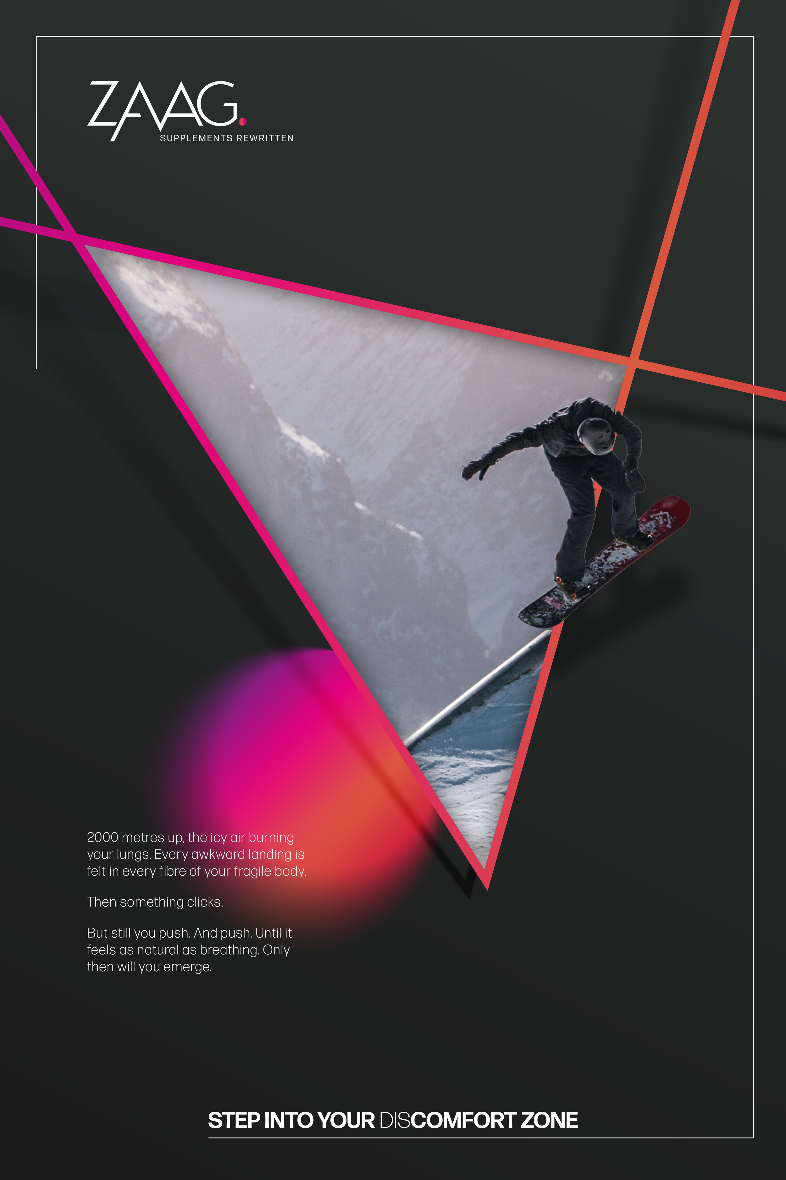 A snowboarder in black clothing and a helmet riding down a snow-covered mountain slope, with a partially cloudy sky in the background. The image is stylized with a triangle overlay and vibrant pink, orange, and purple lines framing the scene.