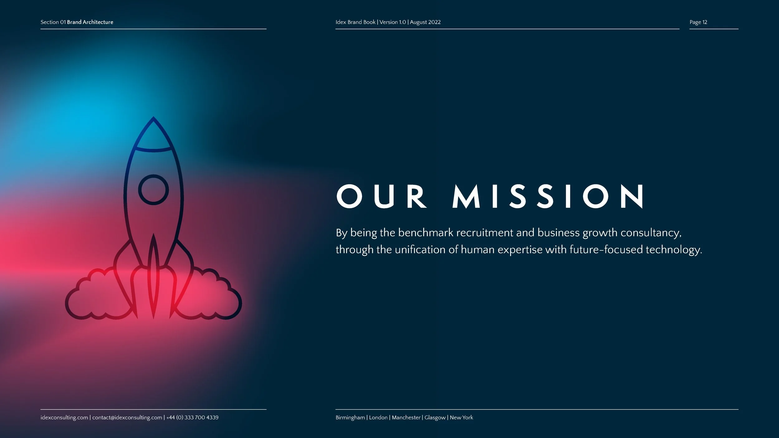 Page from a brand book with a rocket icon and mission statement about human expertise and technology, set on a blue background.