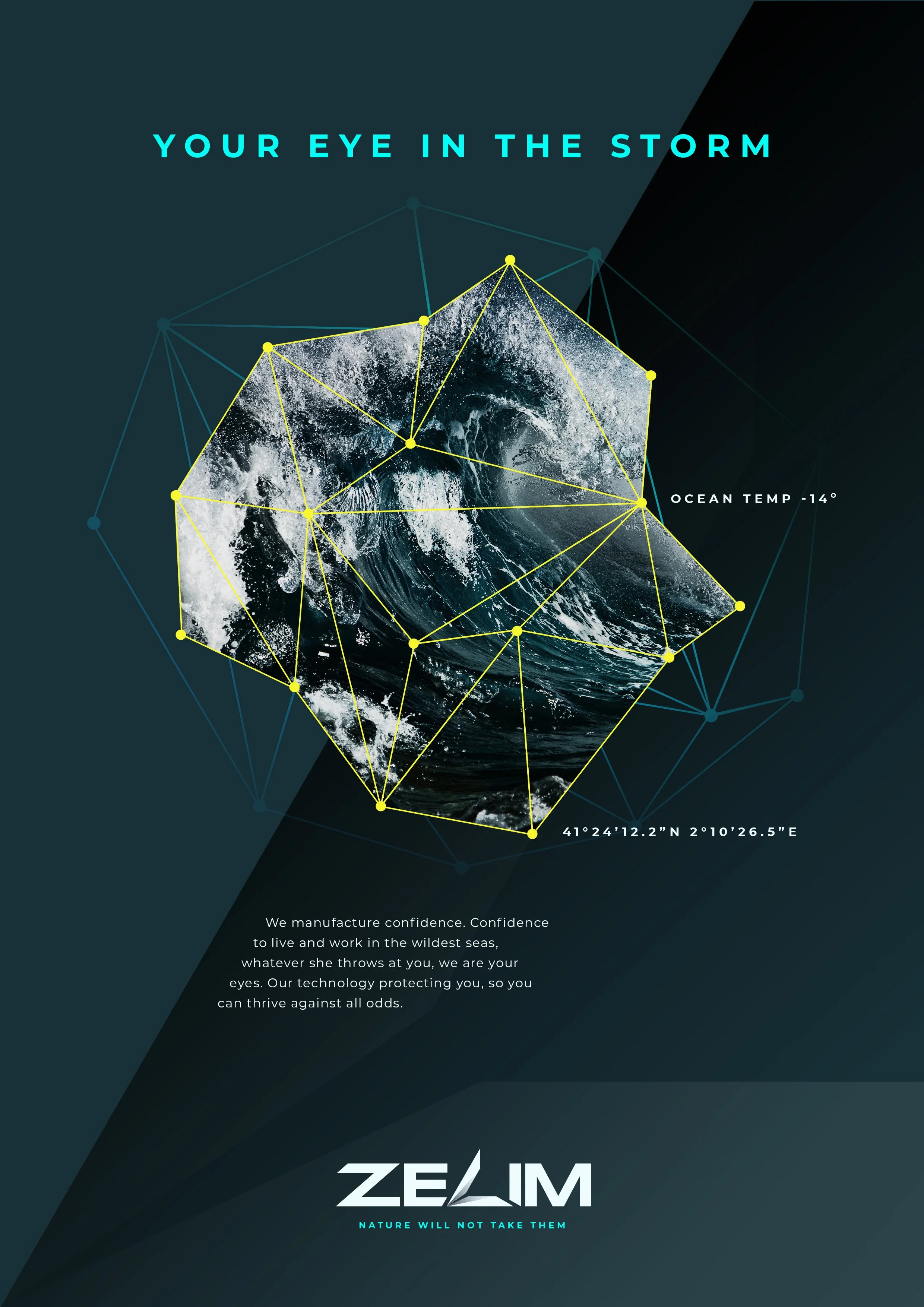 A digital graphic design featuring a satellite image of the ocean with a triangle overlay and data points, with the text 'Your Eye in the Storm,' ocean temperature -14°, and geographic coordinates 41°24'12.2"N 2°10'26.5"E. The bottom contains the text 'We manufacture confidence...' and the logo 'Zealm' with the tagline 'Nature Will Not Take Them.'