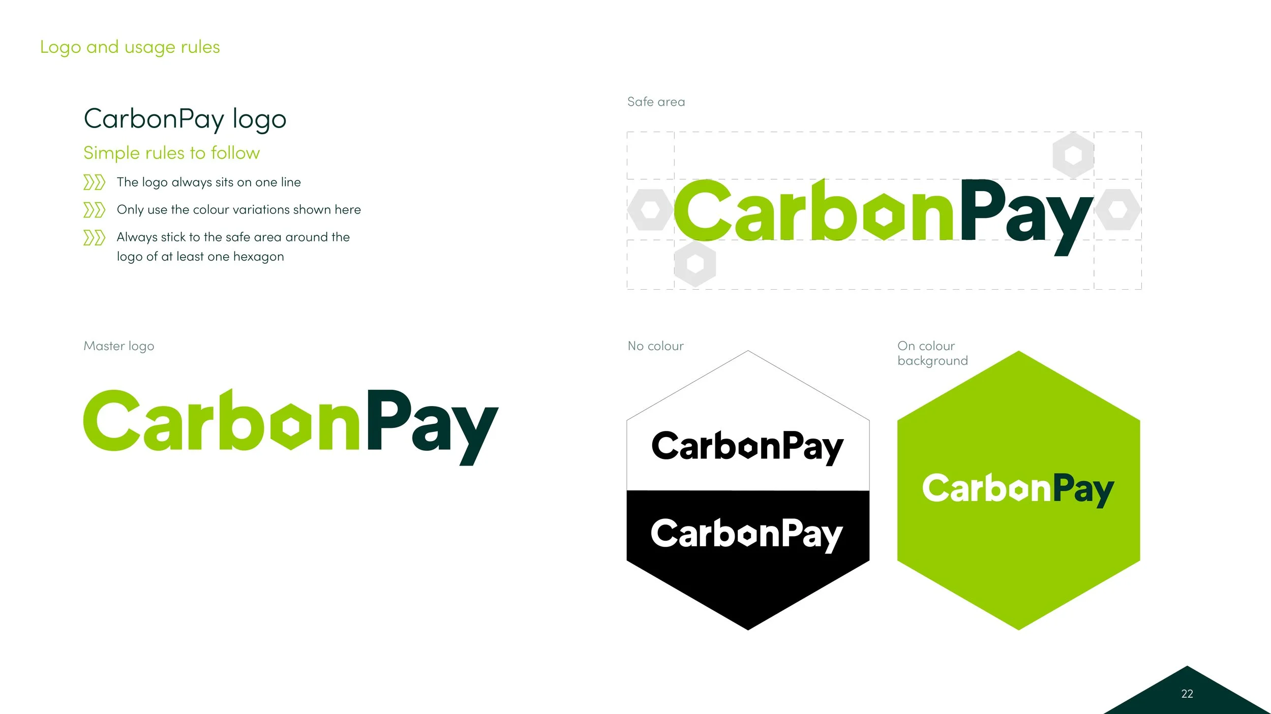 Guide showing rules for using the CarbonPay logo, including color variations, safe area boundaries, and different backgrounds.