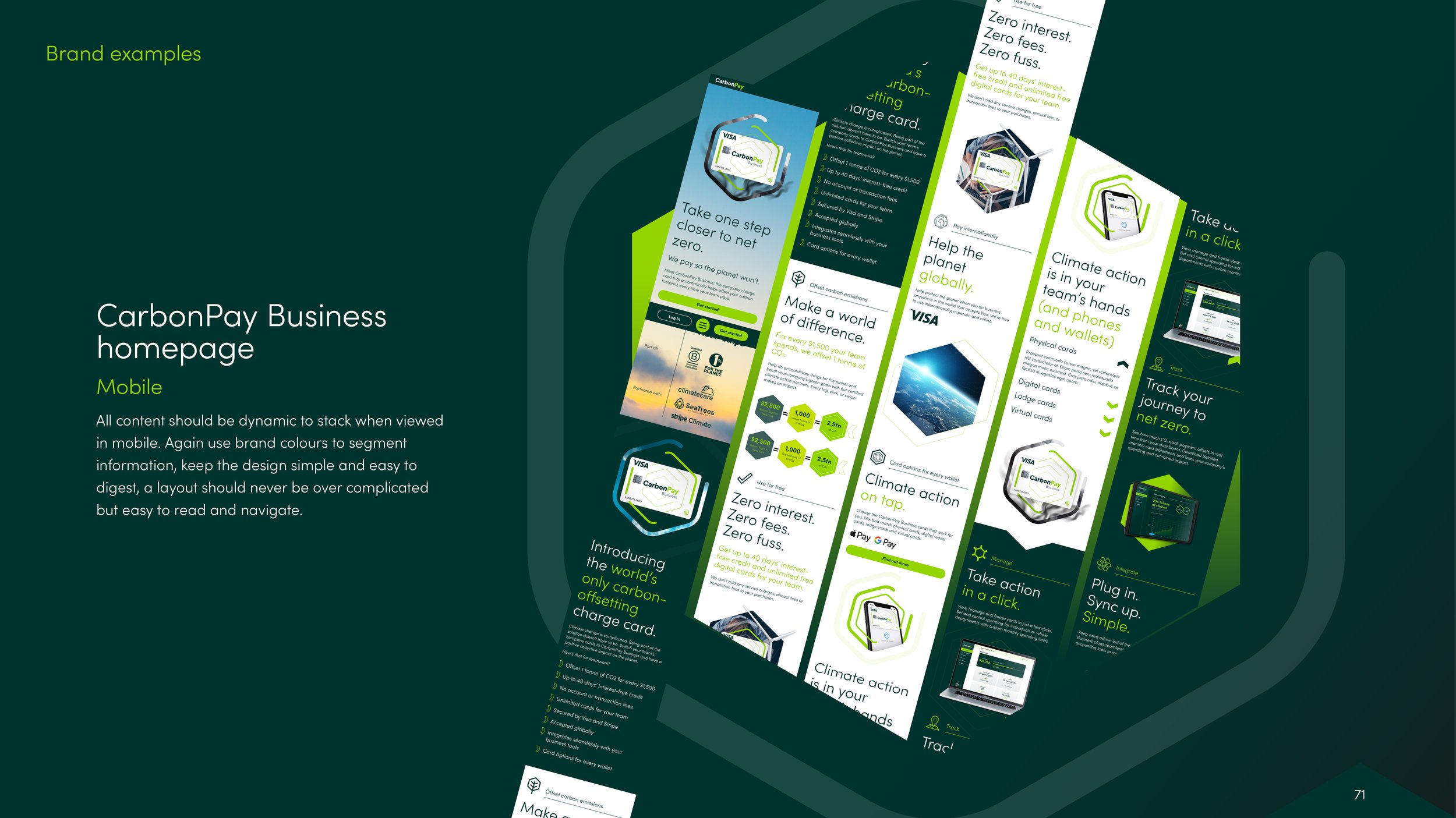 A presentation slide showcasing the homepage of CarbonPay Business, a mobile platform for carbon offsetting, with various examples of digital and physical cards, and marketing messages about zero interest and climate action.