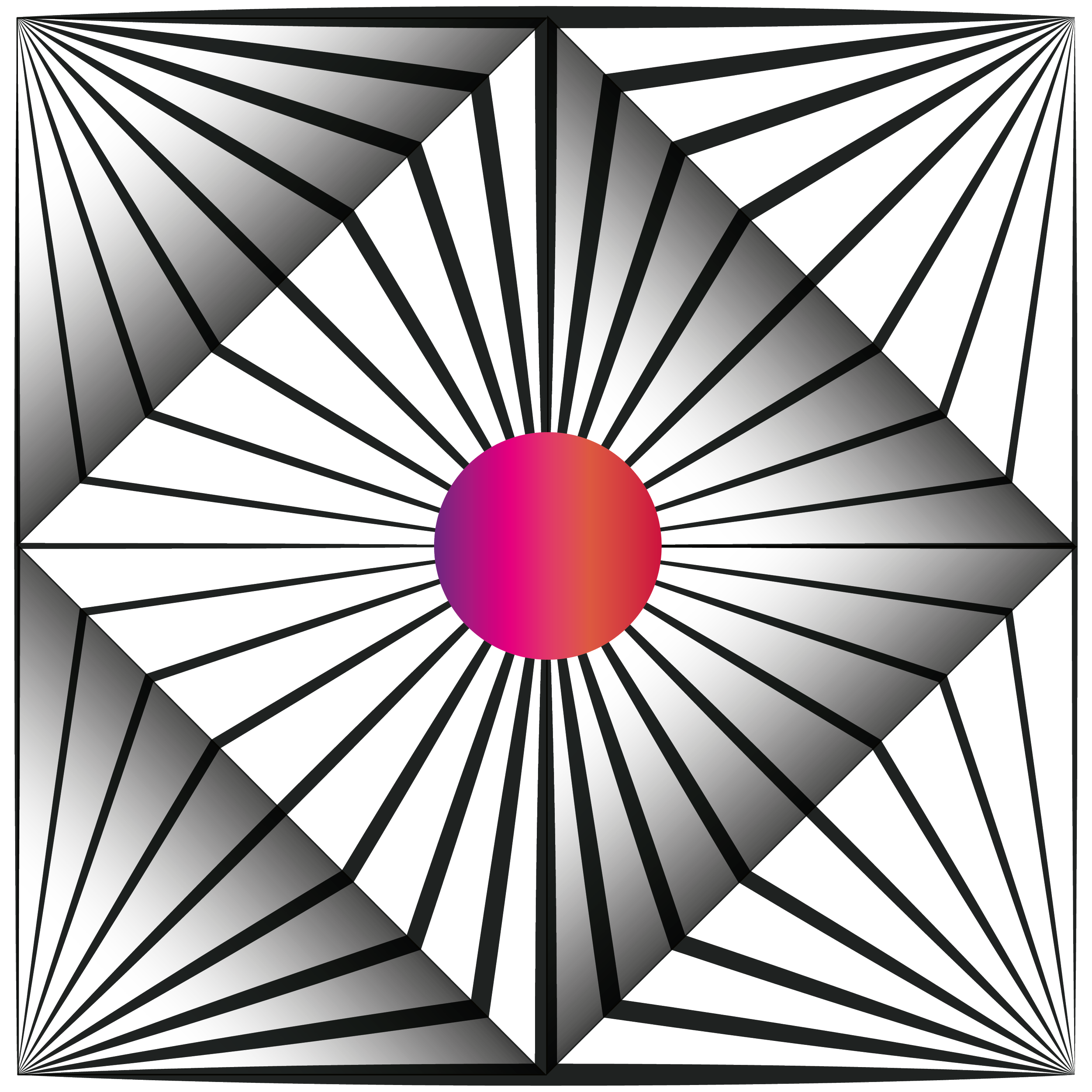 Black and gray geometric 3D shape with a pink and purple gradient sphere at the center, surrounded by linear patterns.