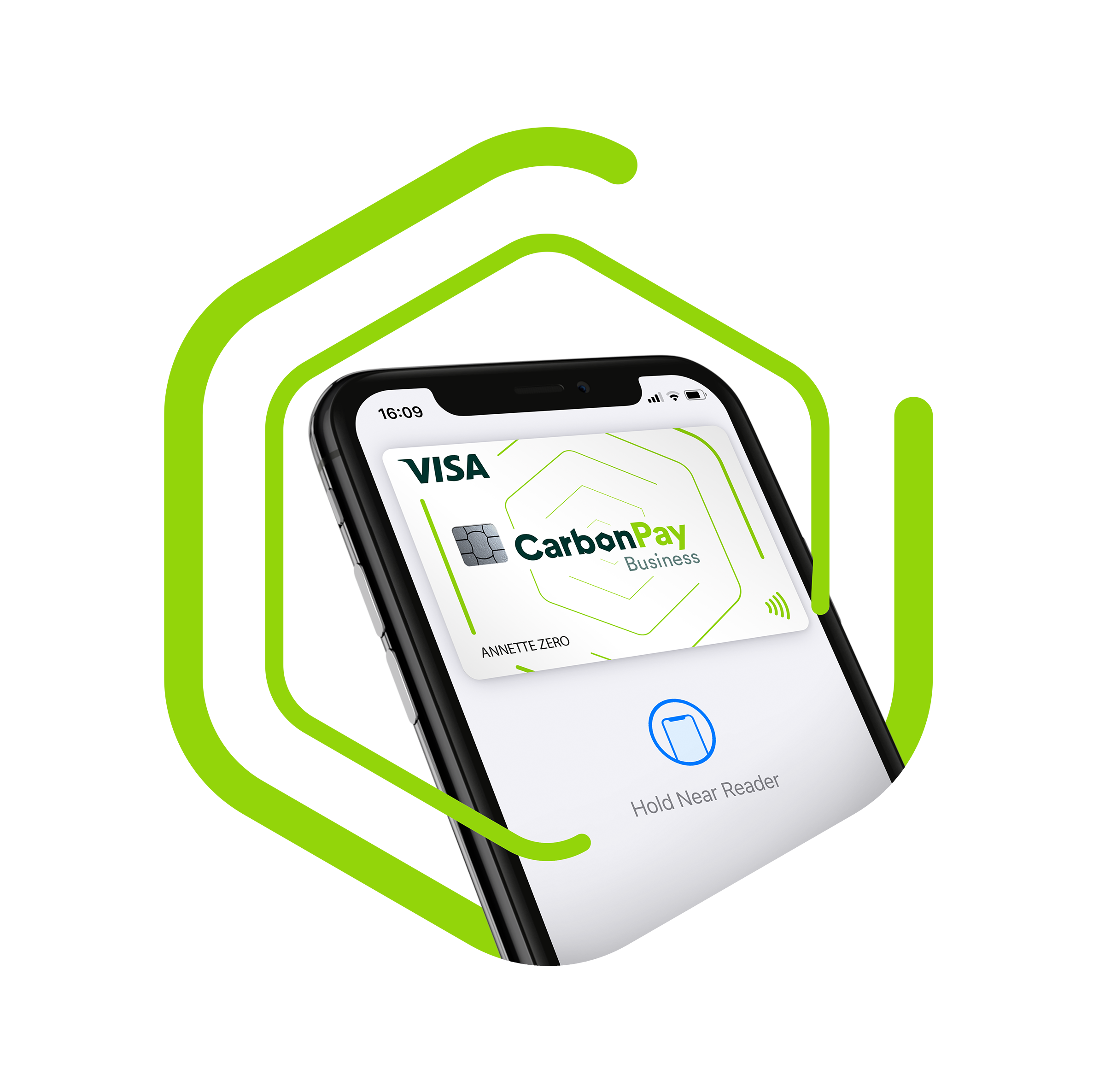 A smartphone screen displaying the CarbonPay app, showing a digital card and options to hold near reader, with a green background.