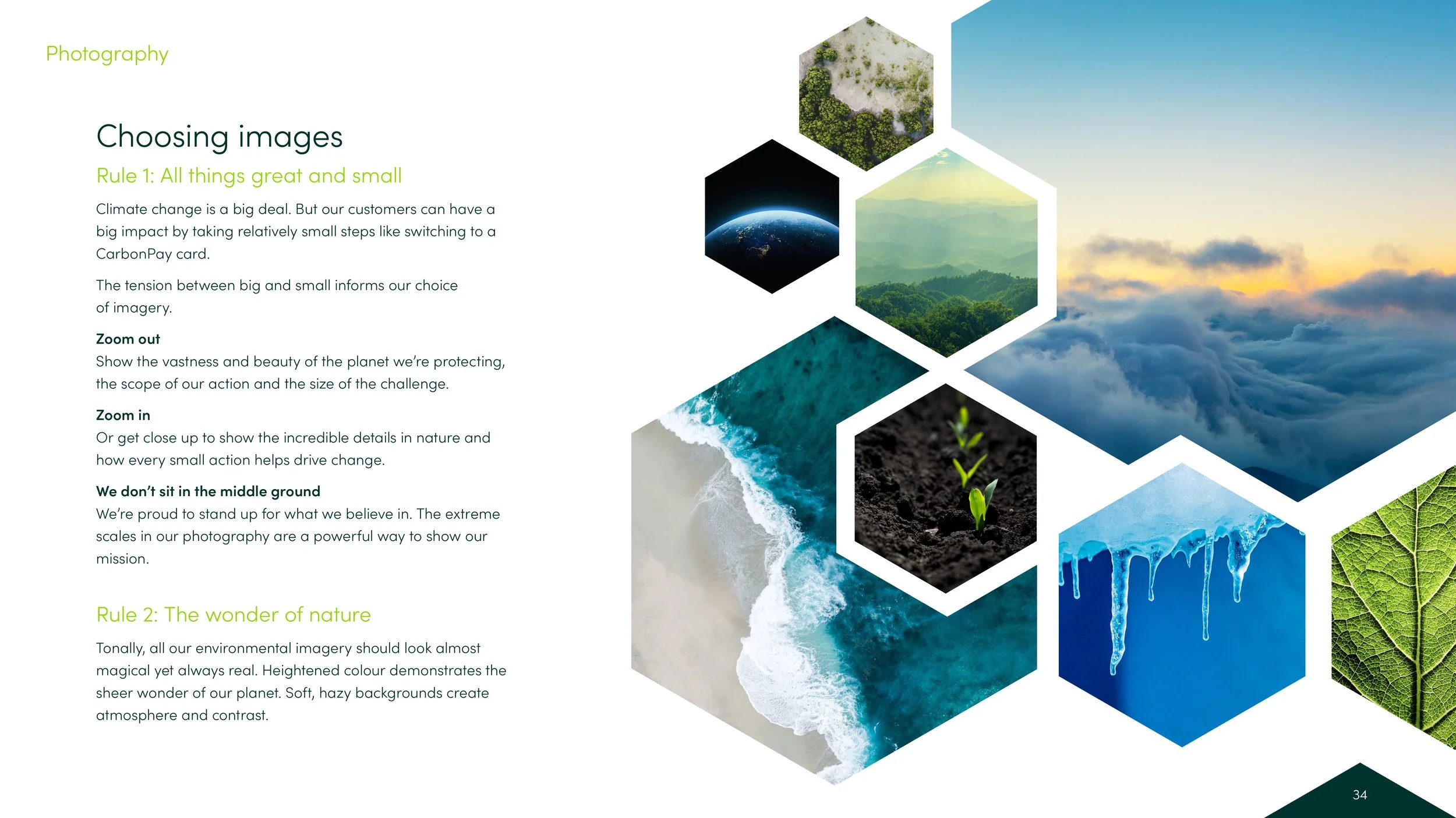 Page from a presentation or document with text on choosing images and the wonder of nature, featuring hexagonal images of natural scenes like a forest, ocean, mountain landscape, waves, plant sprout, and icy formations.