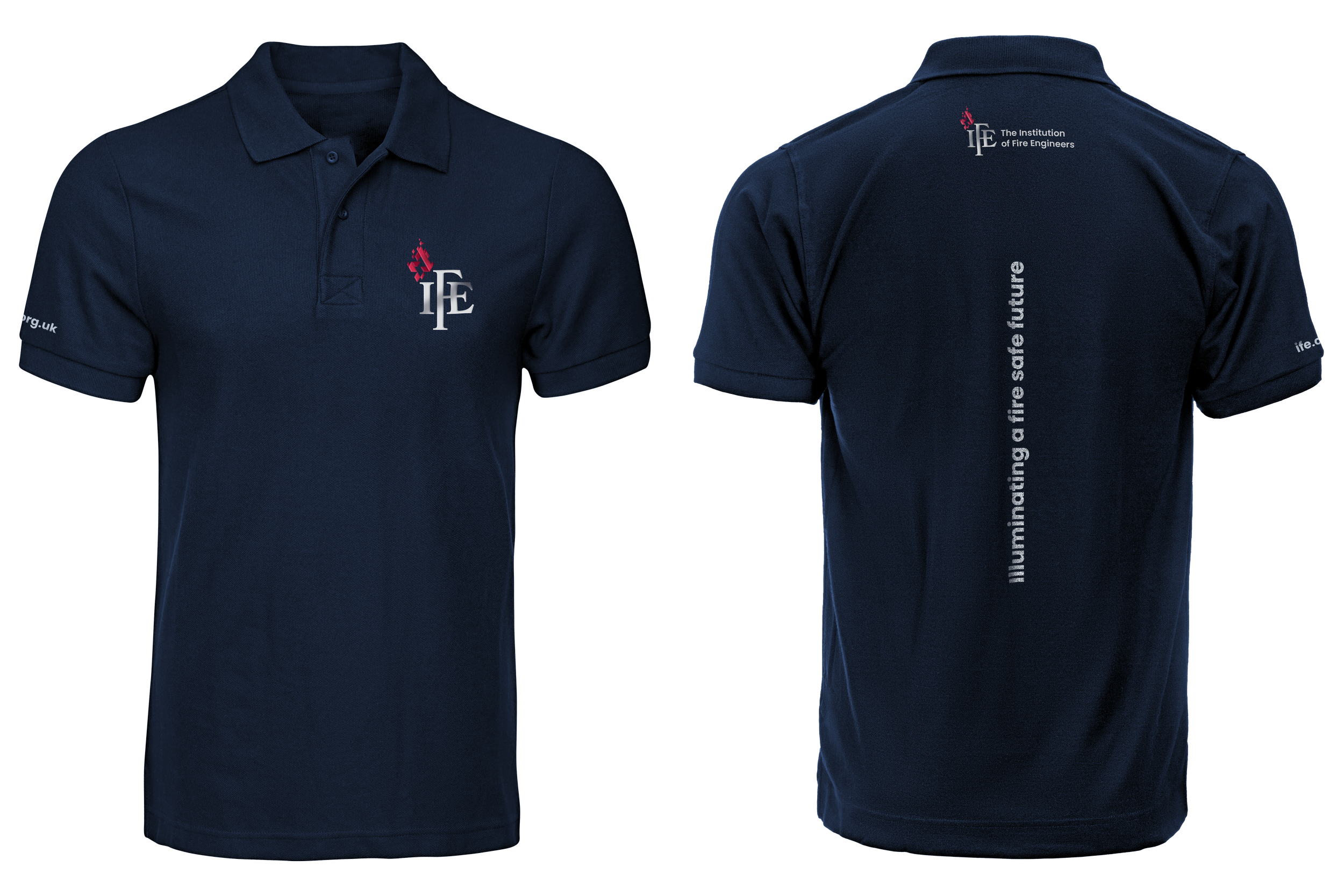 Navy blue polo shirt with logo of The Institution of Fire Engineers on the front and back, and the URL 'ife.org.uk' on the sleeve.