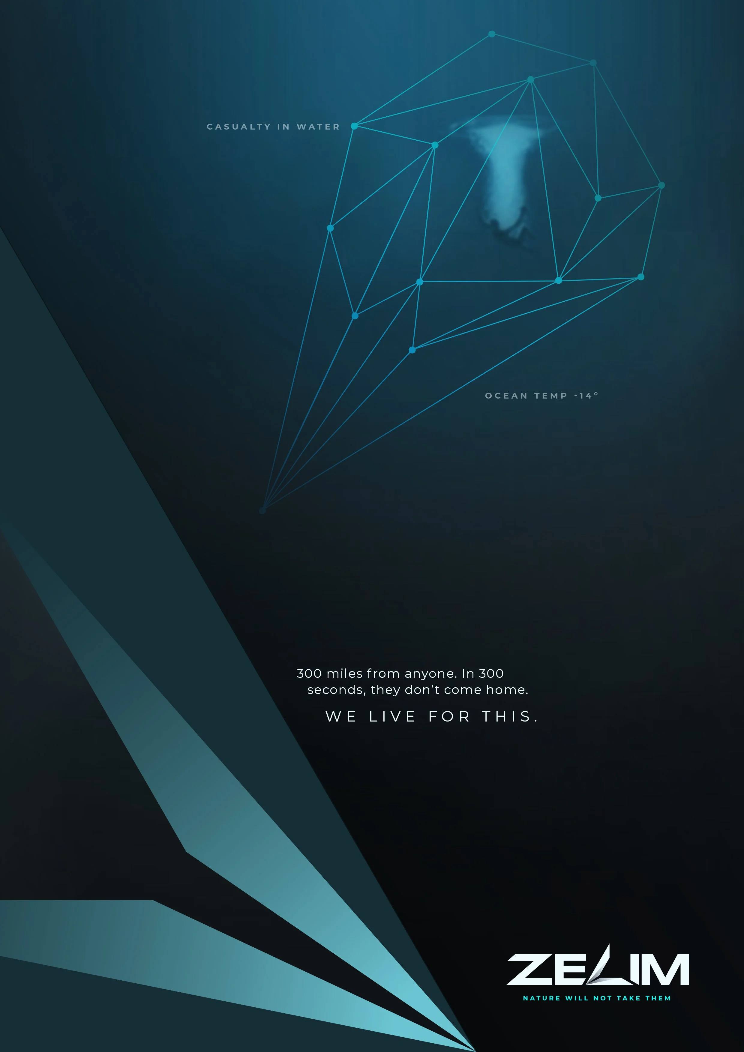 Abstract digital artwork with interconnected lines and dots forming a face profile, featuring text about water casualties, ocean temperature, and environmental impact, with the phrase 'We live for this' and the Zealm logo.