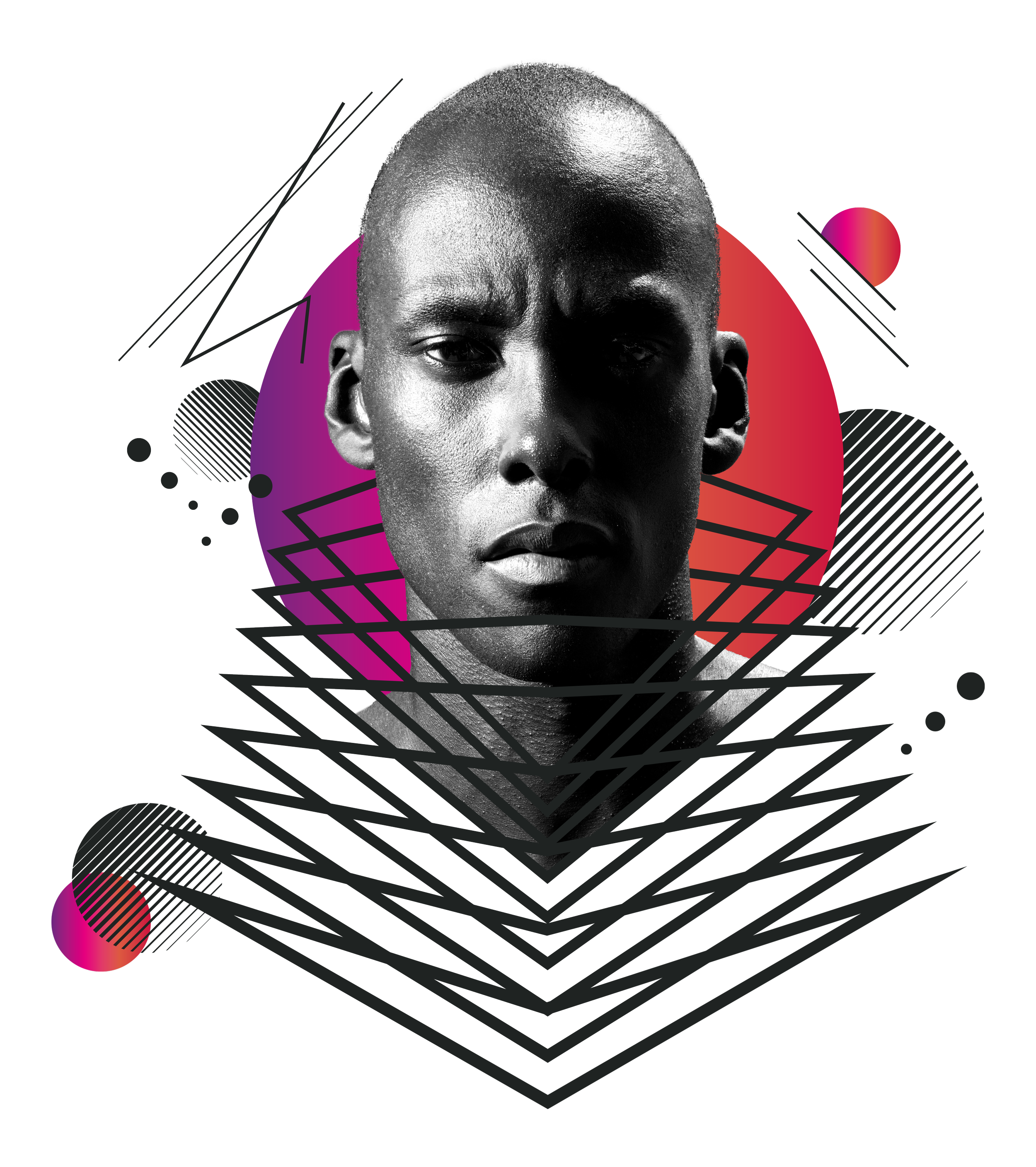A black and white portrait of a young person's face with a serious expression, overlaid with geometric and abstract colorful shapes and patterns in purple, red, pink, black, white, and green.