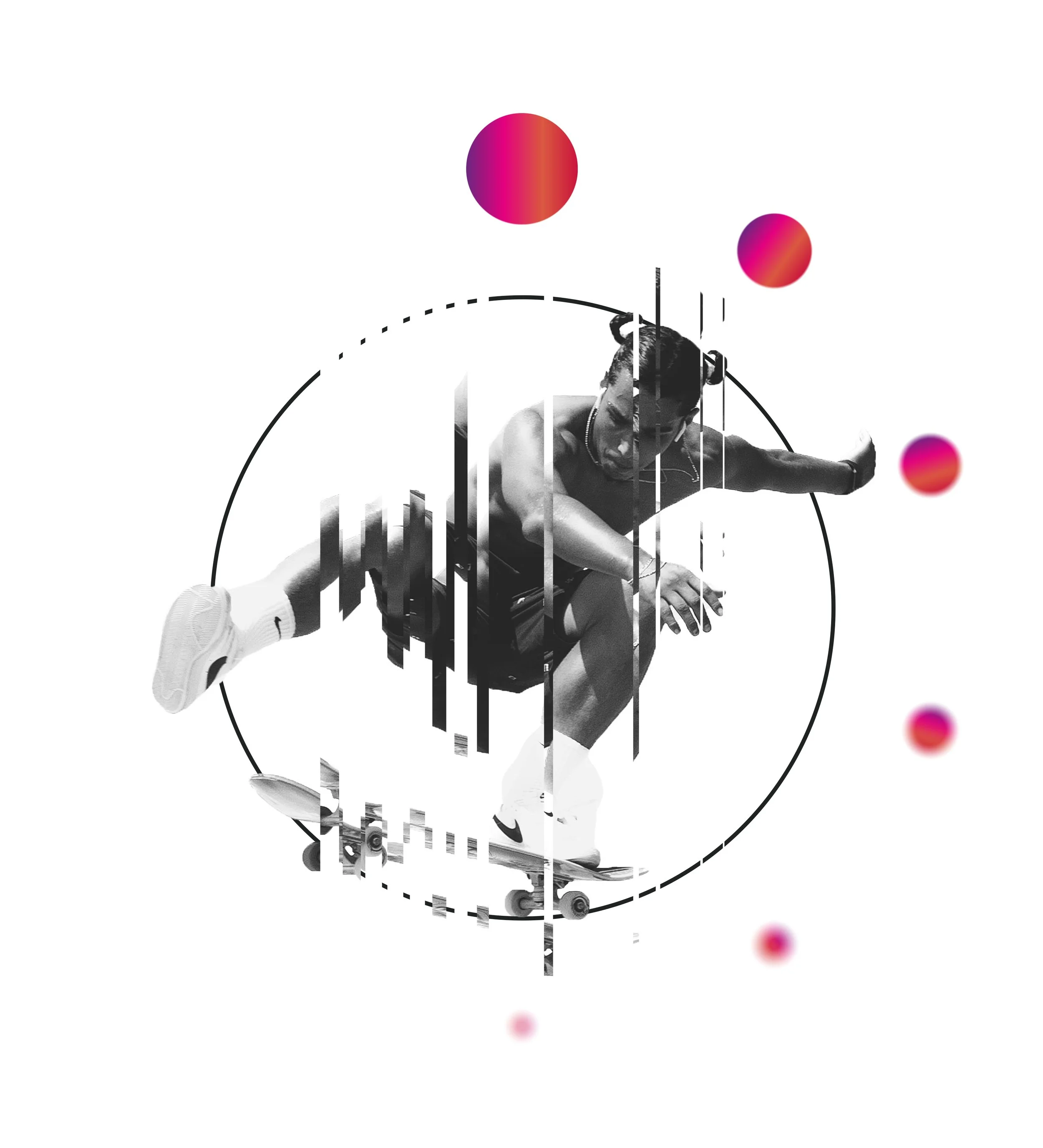 Black and white image of a person on a skateboard, sitting with one arm extended, wearing sportswear and sneakers, surrounded by colorful gradient circles and abstract lines.