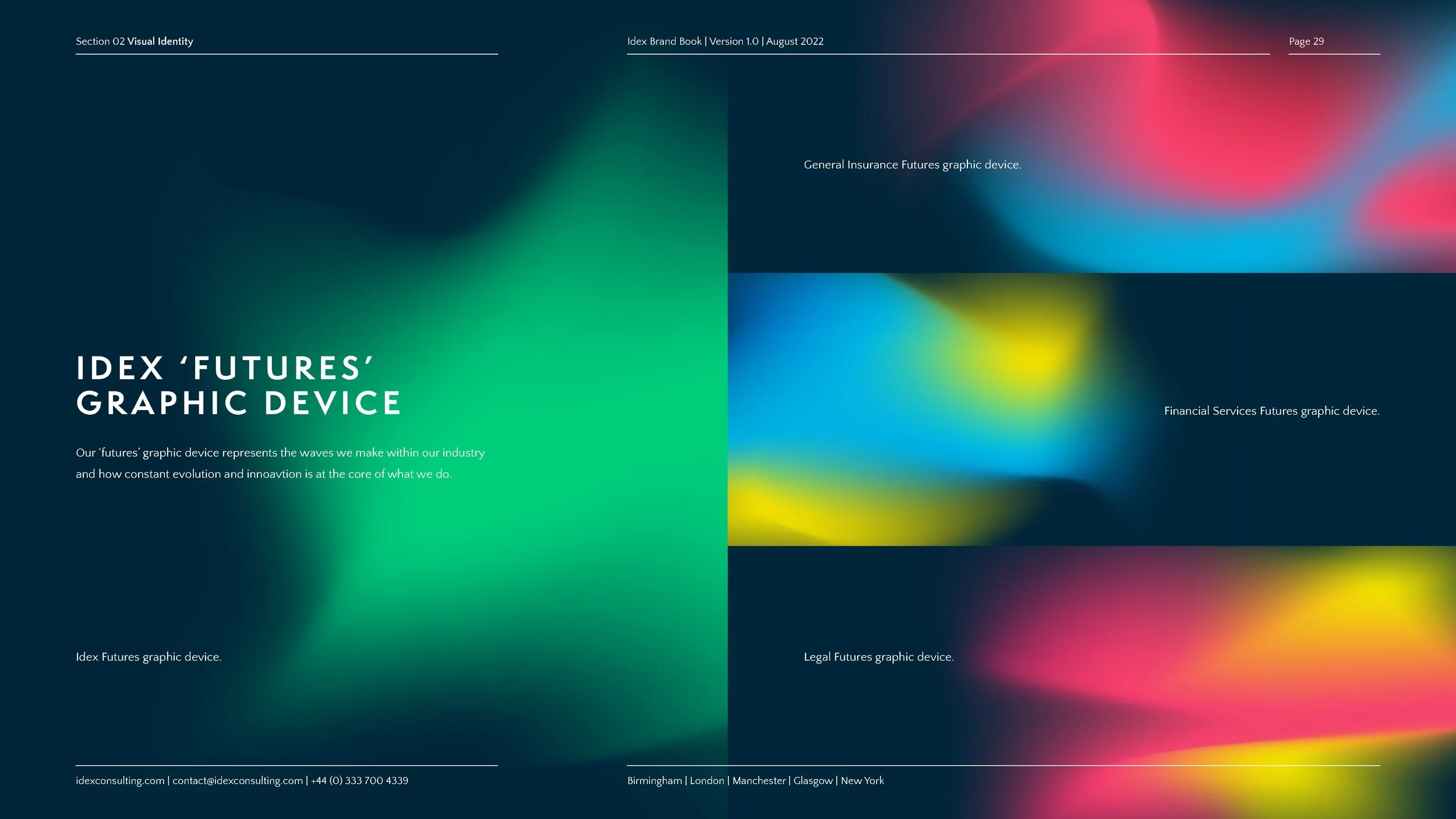 Title page of a graphic report titled 'IDEX 'Futures' Graphic Device', featuring a dark background with colorful blurred abstract shapes. Contains sections labeled 'General Insurance Futures', 'Financial Services Futures', and 'Legal Futures'. Contac