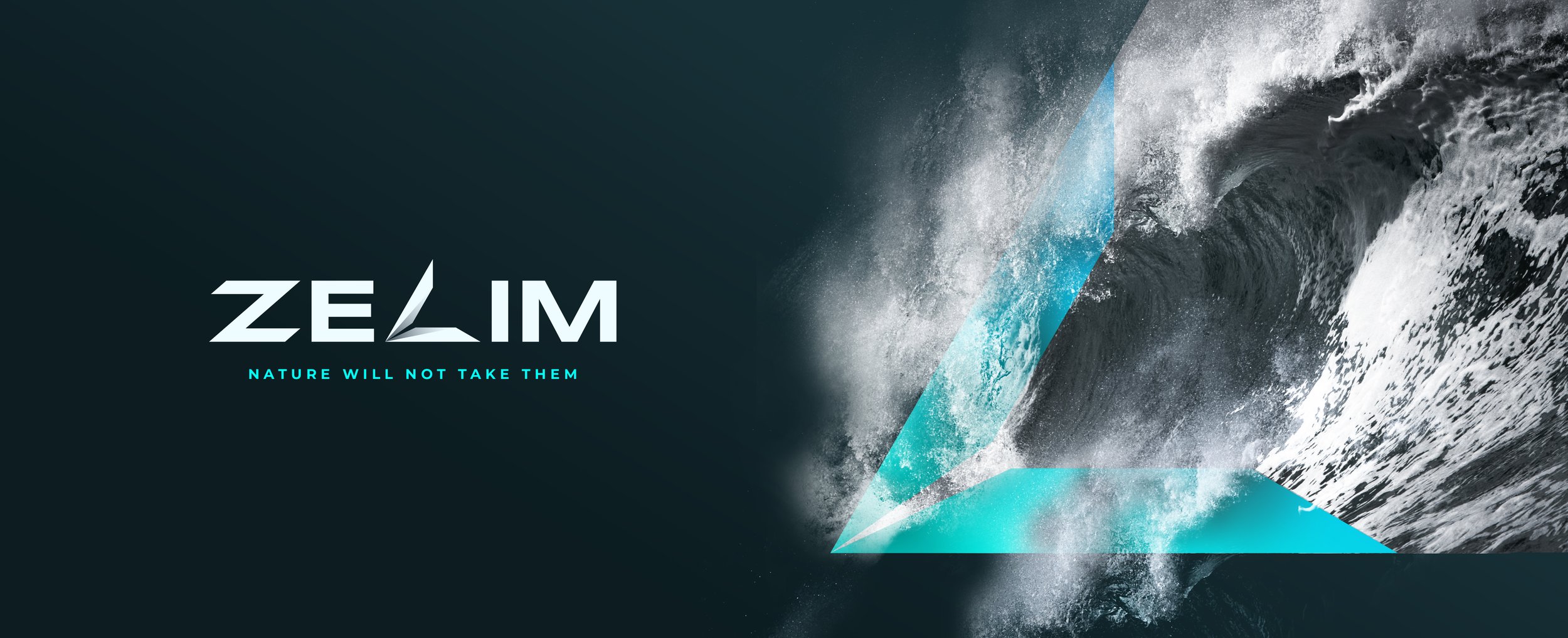 A digital artwork featuring a large ocean wave with a geometric overlay. The text 'ZELIM' is written with a stylized design, and the tagline 'NATURE WILL NOT TAKE THEM' appears below in blue.