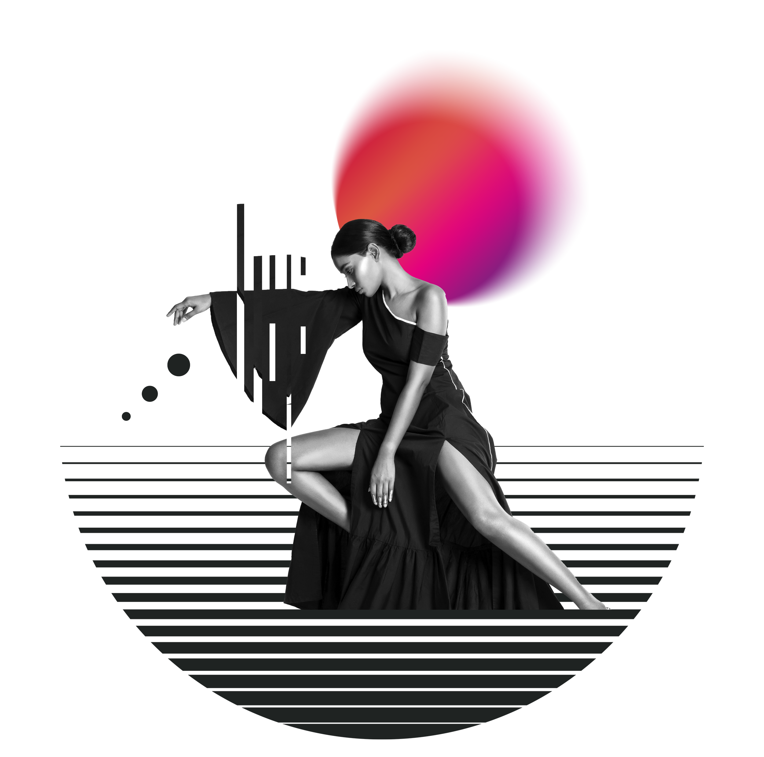 Black and white photo of a woman wearing a black dress with white piping, sitting in a contemplative pose with her head bowed and eyes closed, against a geometric background with black, white, and pink gradient elements.