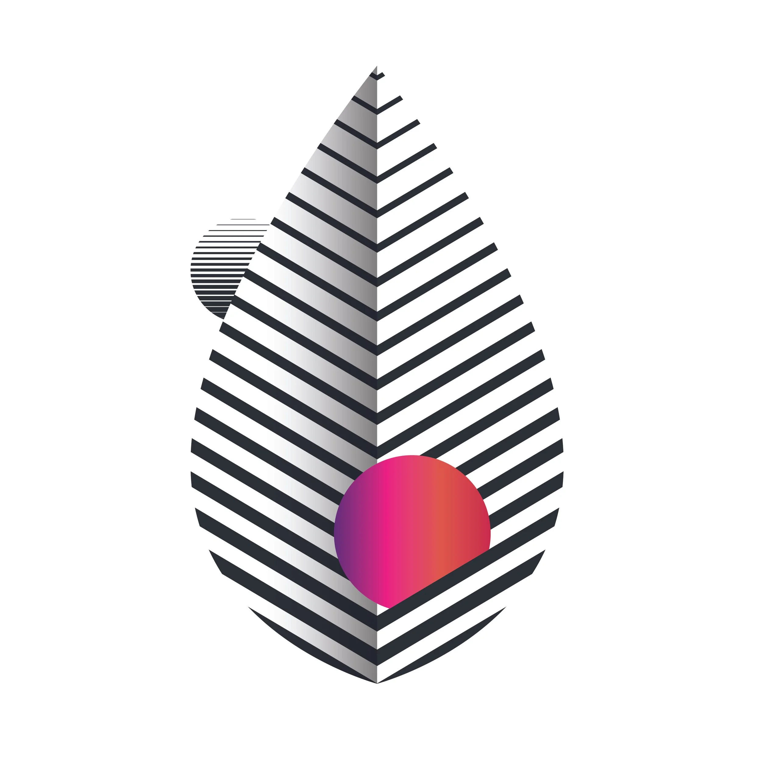 A black and white striped geometric pyramid with a pink and purple sphere at the base, set against a white background.