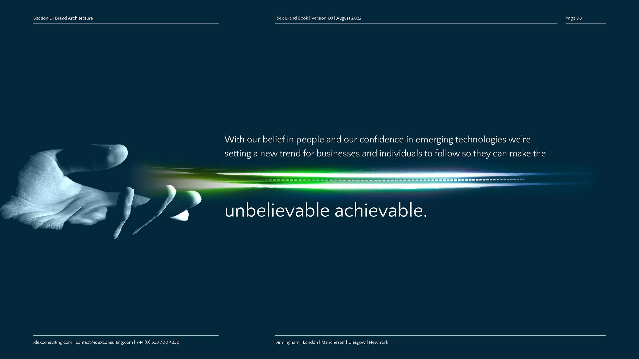 A hand holding a glowing digital object with streaks of light and a futuristic design on a dark background, accompanied by text about technological confidence and achievement.