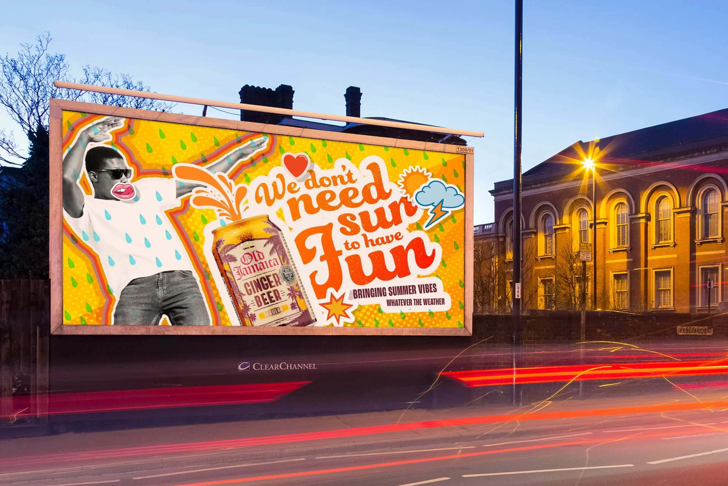 A colorful billboard advertises summer drinks and fun, featuring a woman with sunglasses, holding her hands up, with a background of rain droplets and graphics of a ginger beer bottle and weather icons.