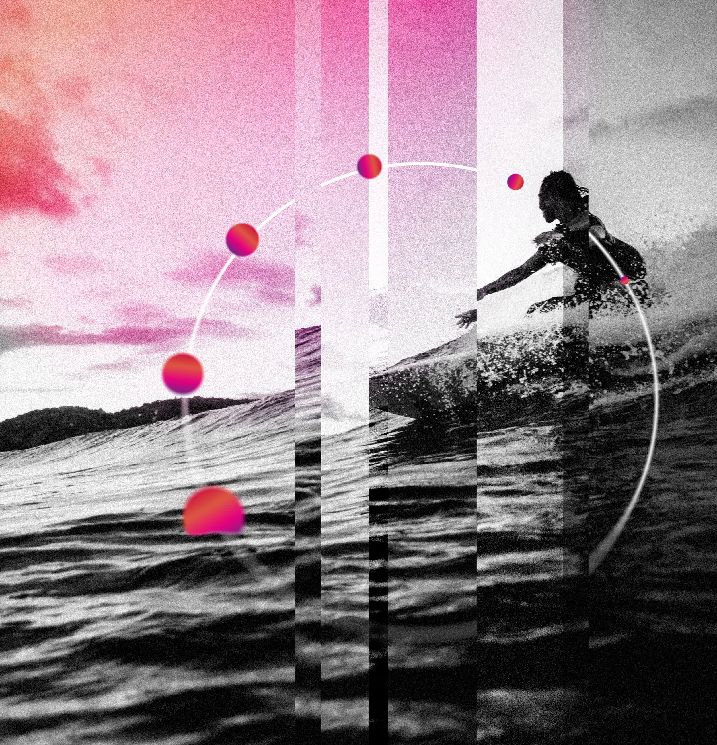 A person surfing on a wave, with a background divided into pink tones on the left and black-and-white on the right, with graphic pink and purple spheres and lines overlayed.